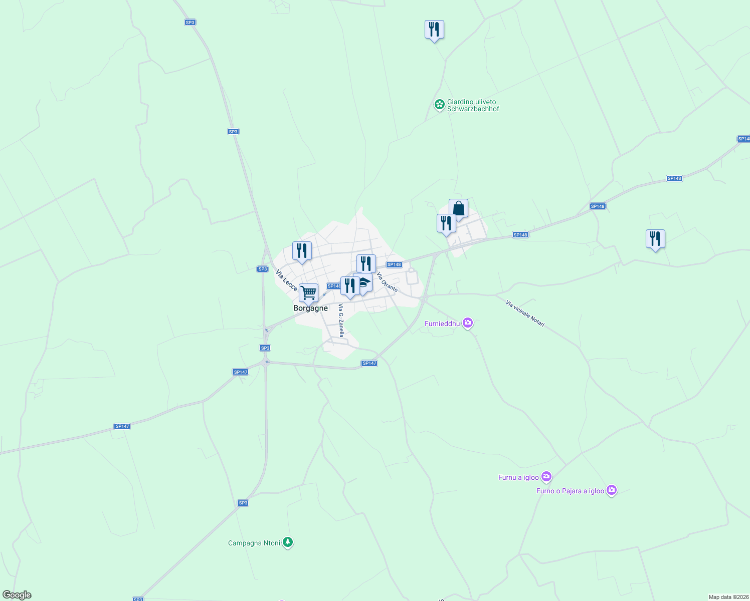 map of restaurants, bars, coffee shops, grocery stores, and more near 59 Via Edmondo de Amicis in Borgagne