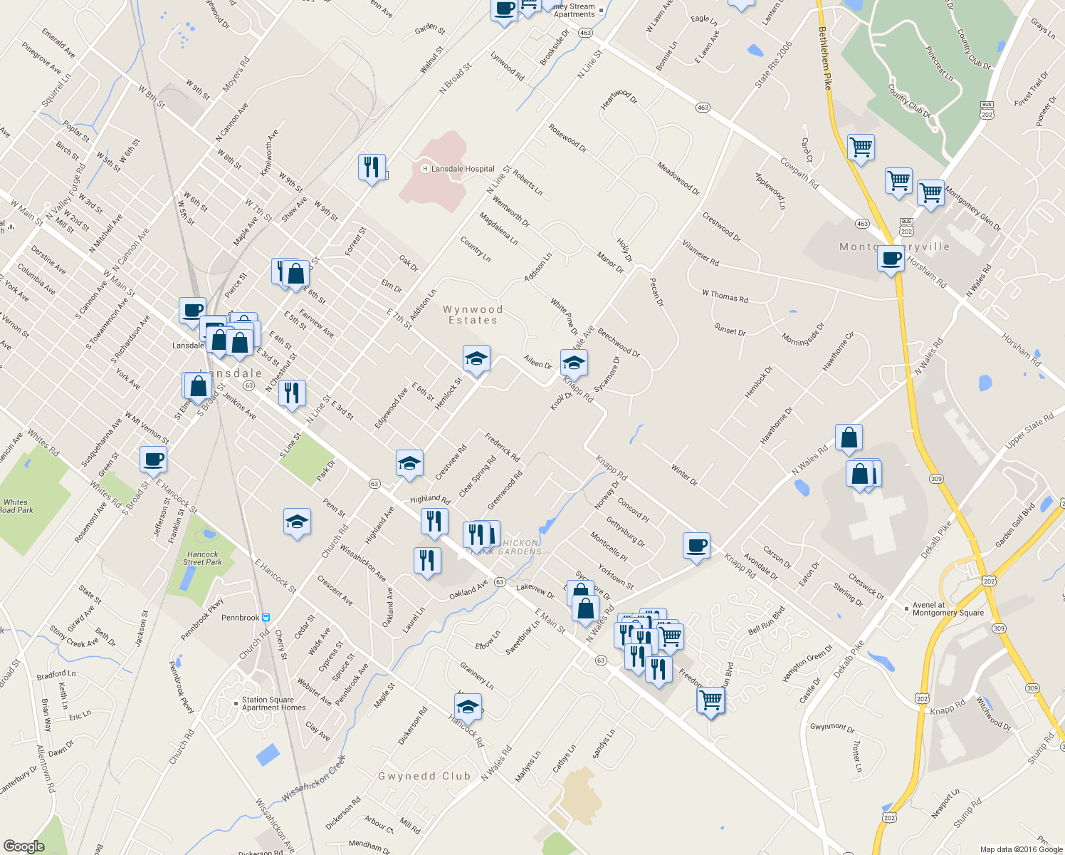 map of restaurants, bars, coffee shops, grocery stores, and more near 618 Knoll Dr in Lansdale