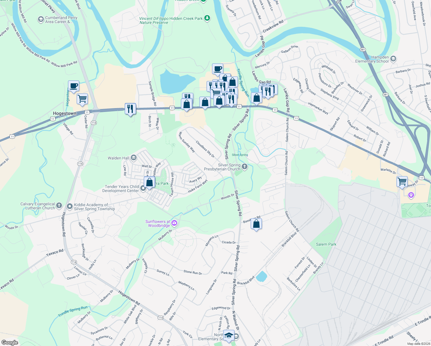 map of restaurants, bars, coffee shops, grocery stores, and more near 36 Woods Drive in Mechanicsburg