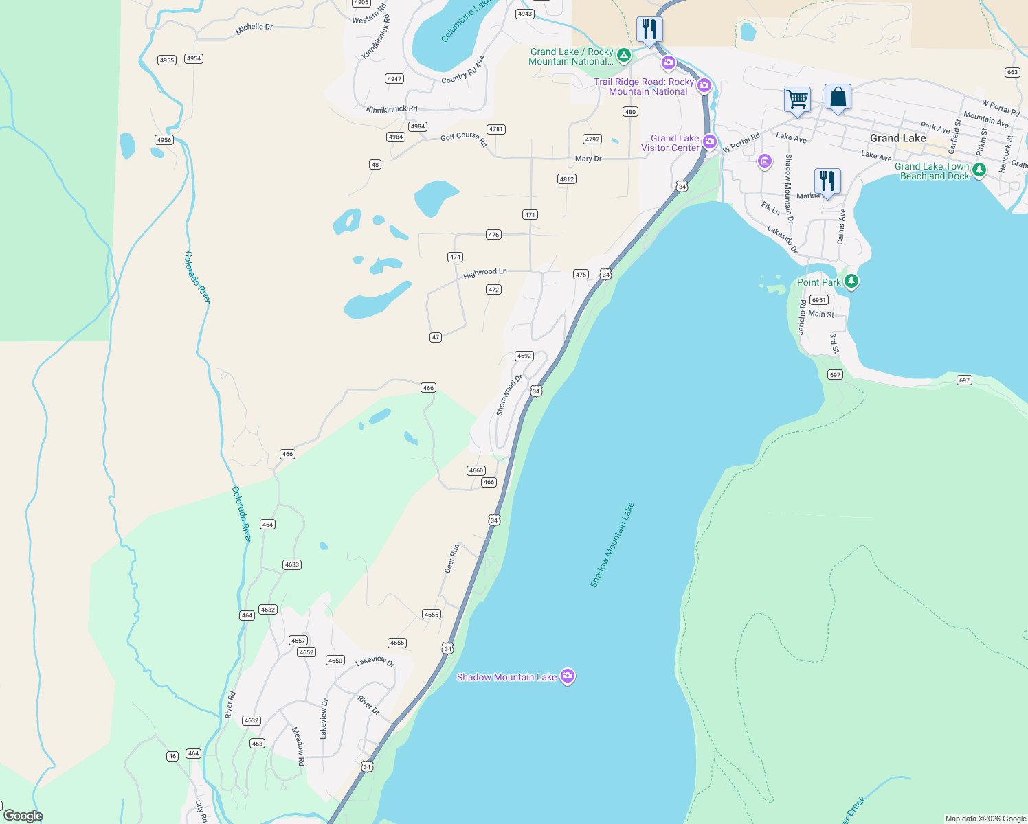 map of restaurants, bars, coffee shops, grocery stores, and more near Shorewood Drive in Grand County