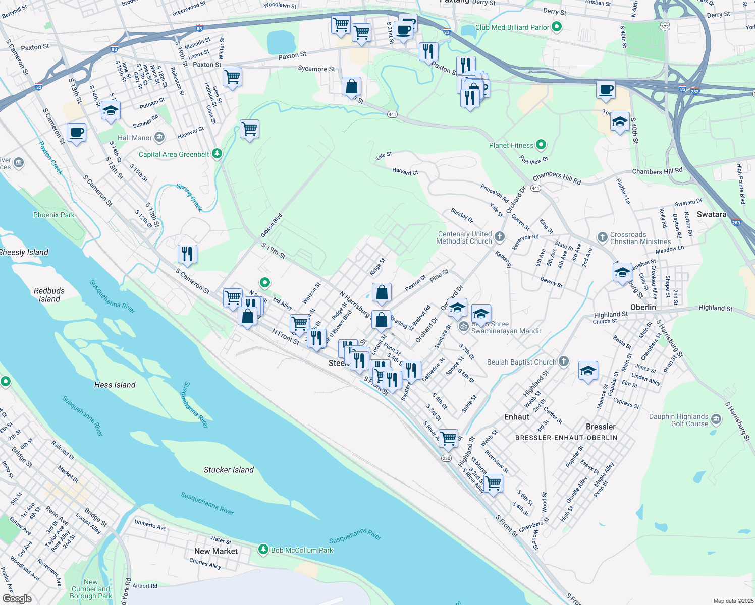 map of restaurants, bars, coffee shops, grocery stores, and more near 216 Reading Street in Steelton