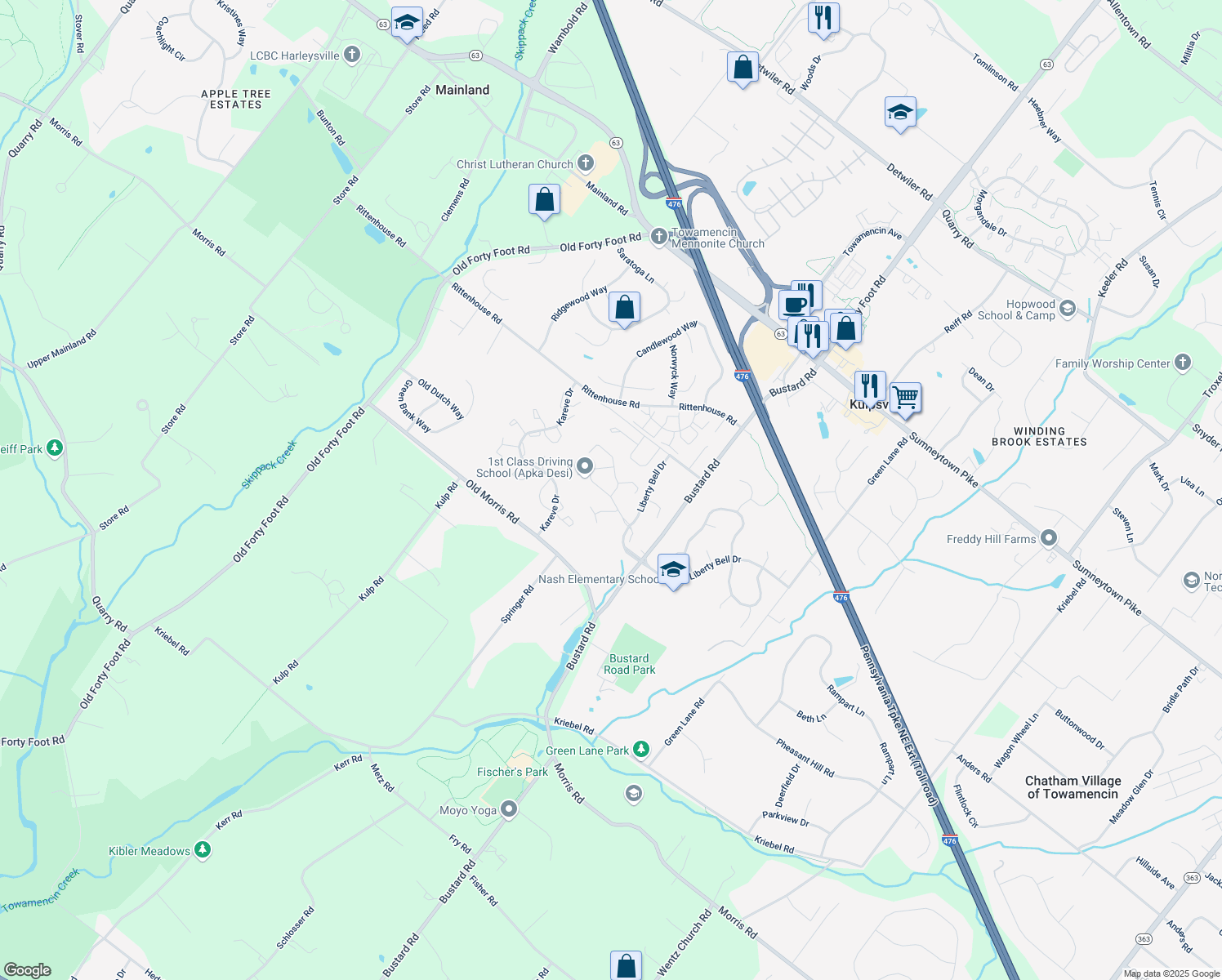 map of restaurants, bars, coffee shops, grocery stores, and more near 201 Continental Dr in Harleysville