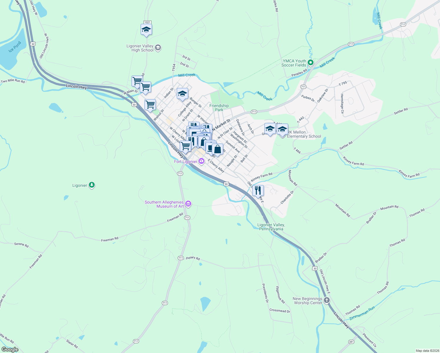 map of restaurants, bars, coffee shops, grocery stores, and more near 319 East Loyalhanna Street in Ligonier