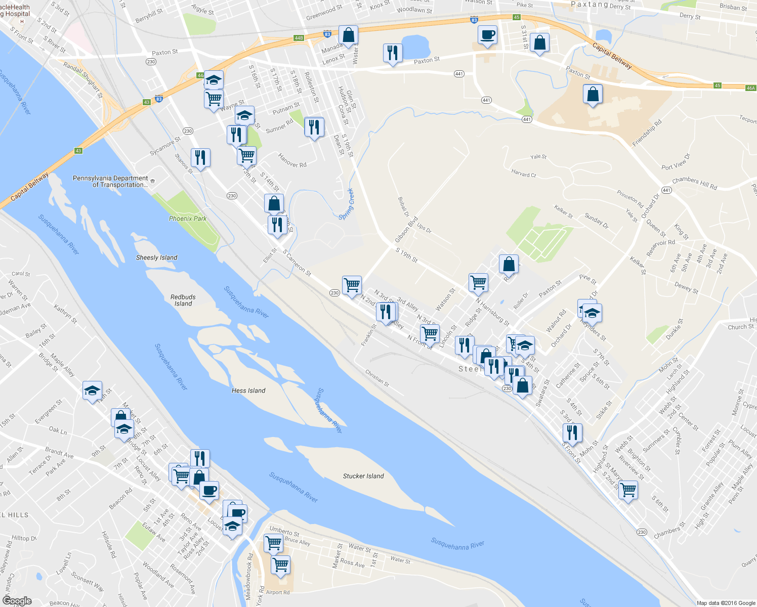 map of restaurants, bars, coffee shops, grocery stores, and more near 721 North 2nd Street in Steelton