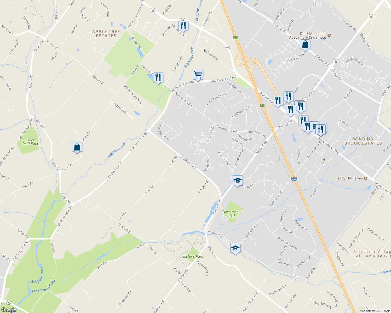 map of restaurants, bars, coffee shops, grocery stores, and more near 596 Harrington Court in Harleysville