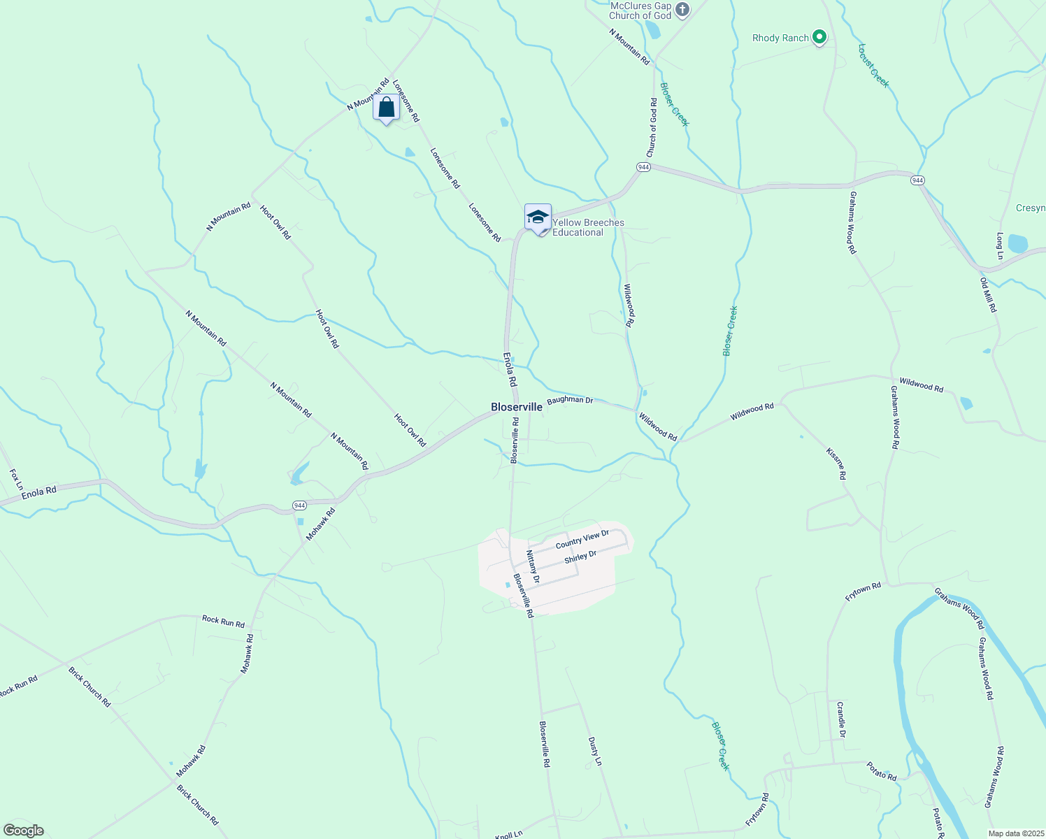 map of restaurants, bars, coffee shops, grocery stores, and more near 733 Bloserville Road in Newville