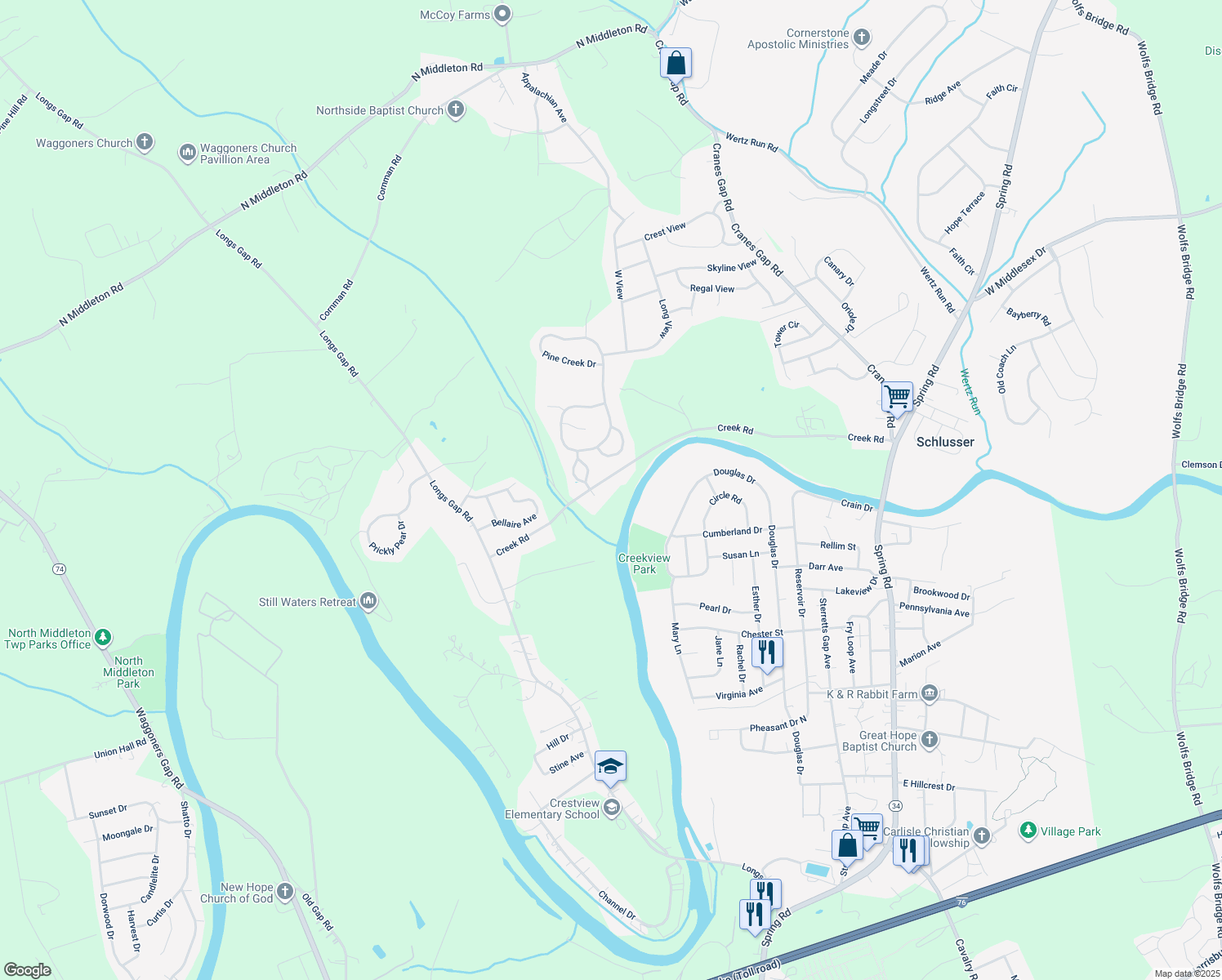 map of restaurants, bars, coffee shops, grocery stores, and more near 1 Codorus Creek Court in Carlisle
