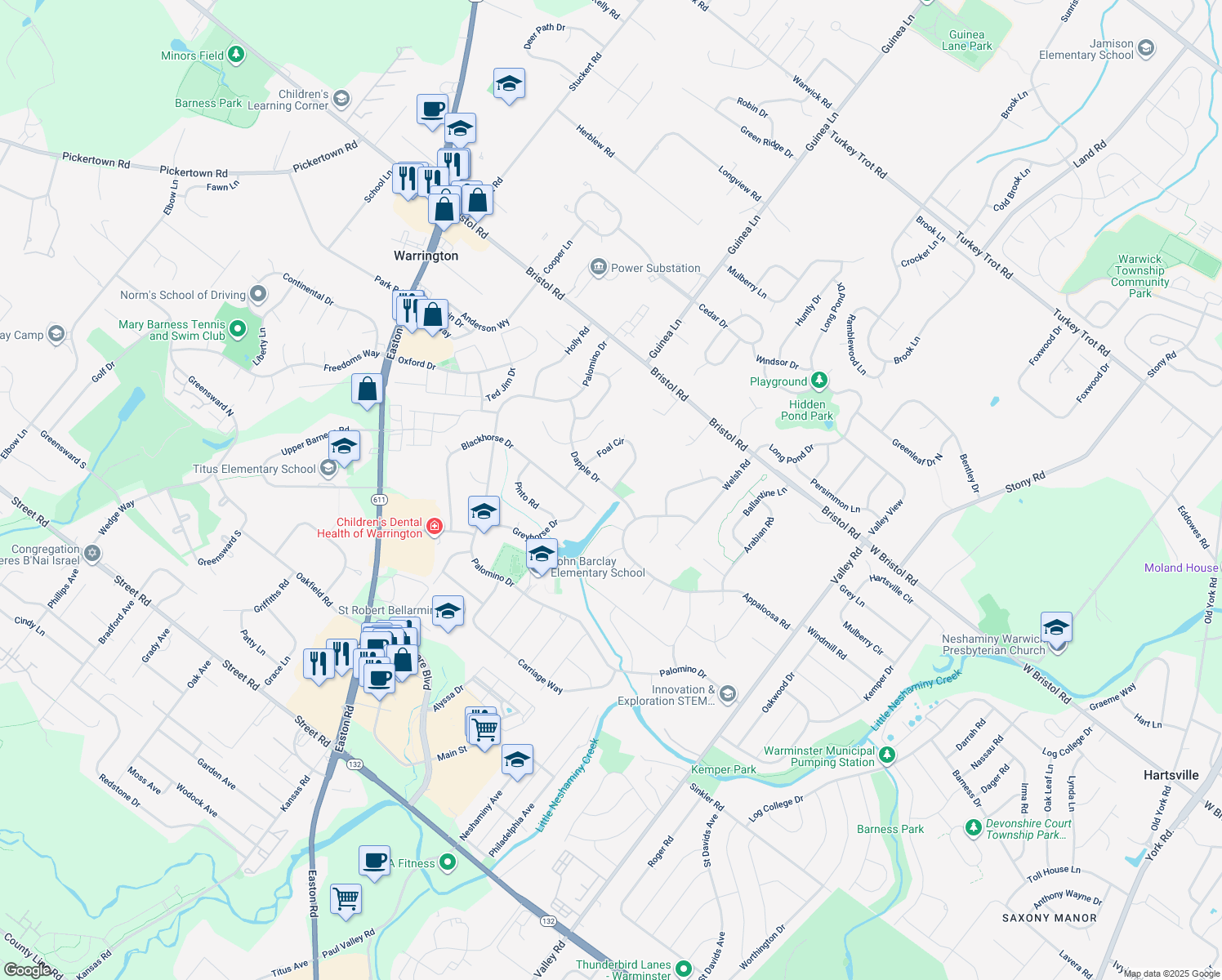 map of restaurants, bars, coffee shops, grocery stores, and more near 2045 Dapple Drive in Warrington