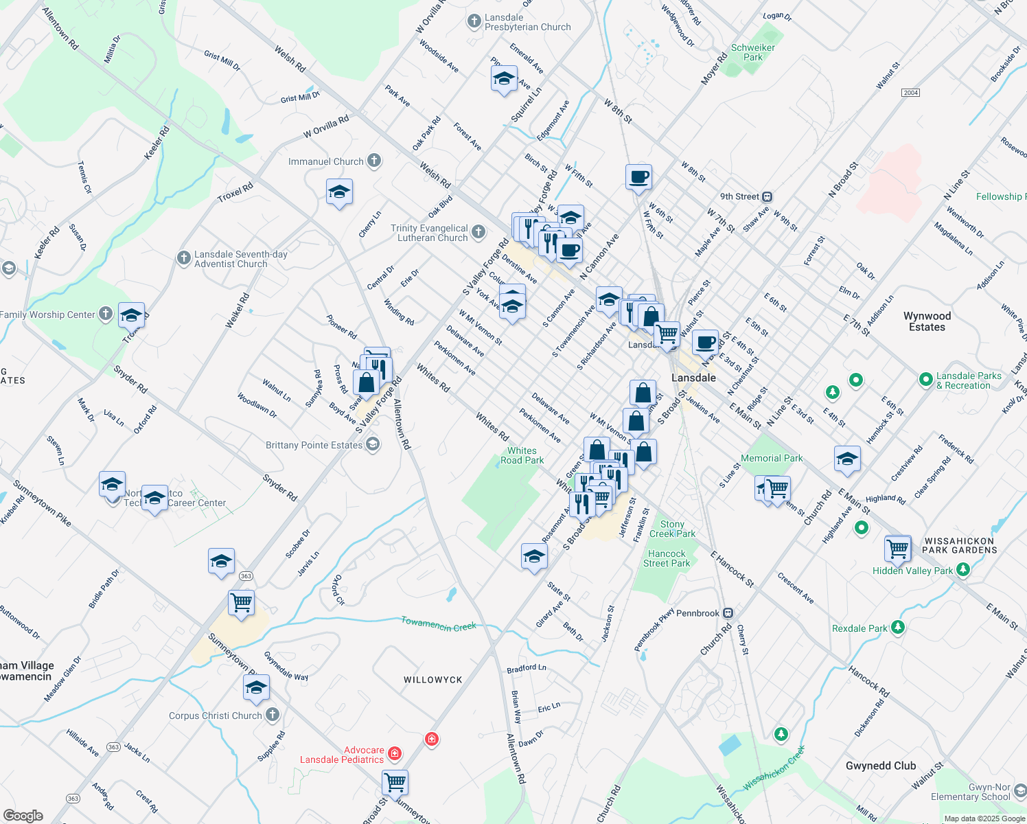 map of restaurants, bars, coffee shops, grocery stores, and more near 434 Perkiomen Avenue in Lansdale