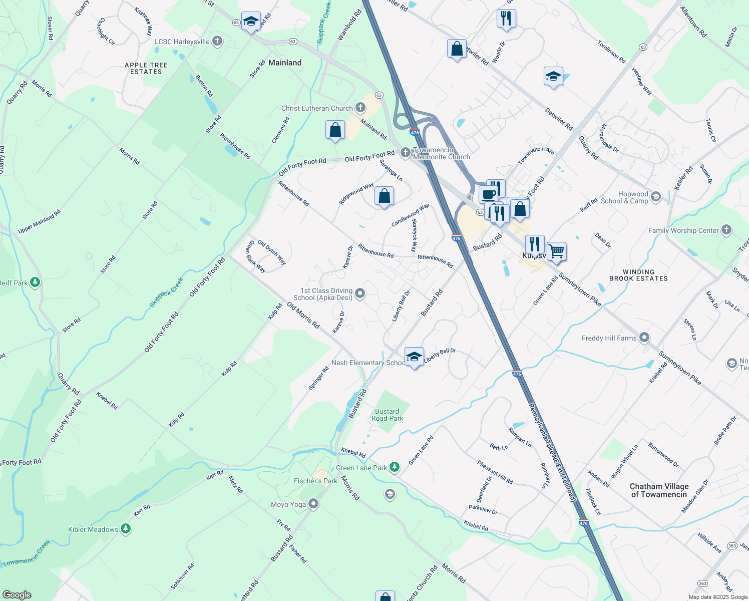 map of restaurants, bars, coffee shops, grocery stores, and more near 303 Continental Dr in Harleysville