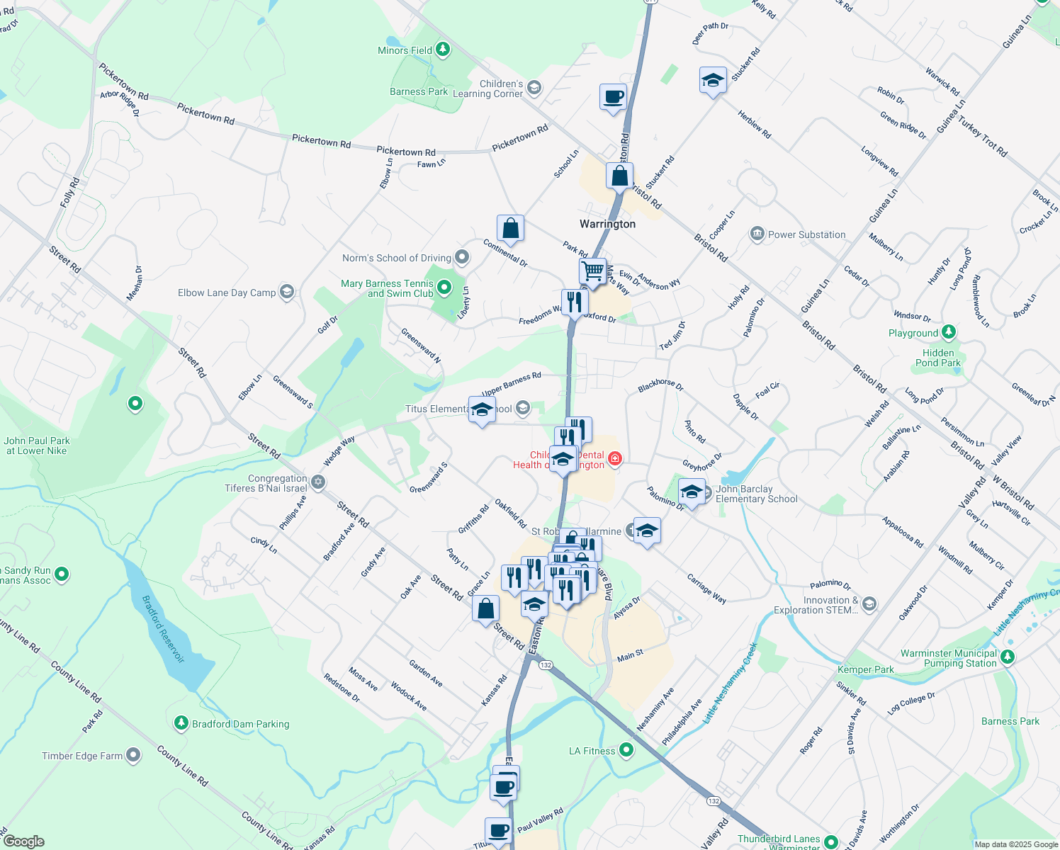 map of restaurants, bars, coffee shops, grocery stores, and more near 2346 Lower Barness Road in Warrington