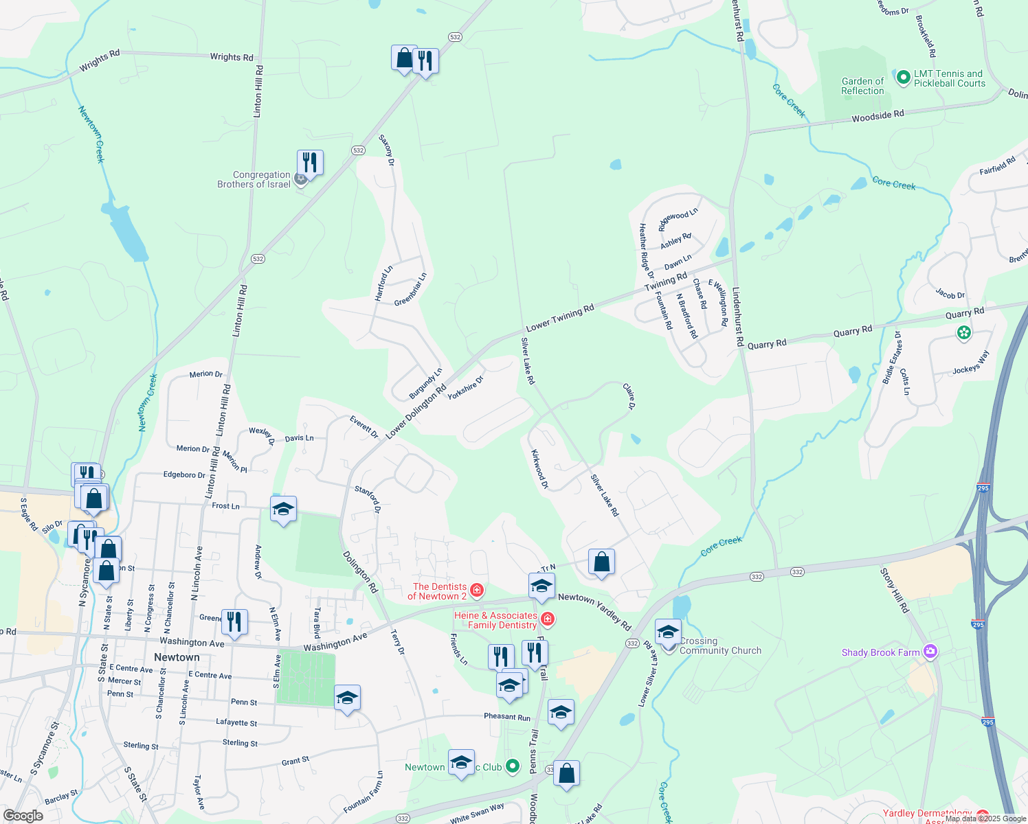 map of restaurants, bars, coffee shops, grocery stores, and more near 8 Copperleaf Drive in Newtown