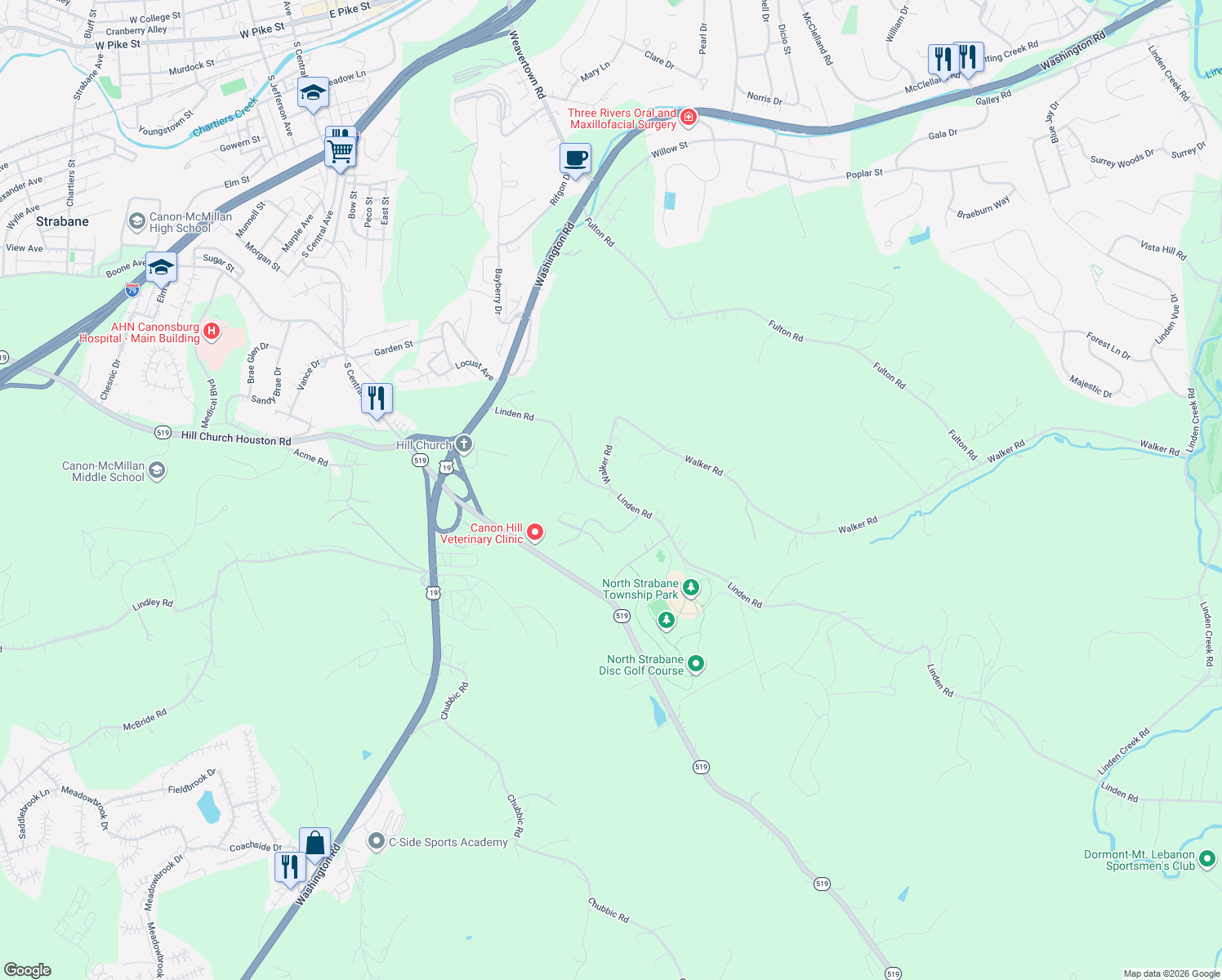 map of restaurants, bars, coffee shops, grocery stores, and more near 97 Linden Rd in Canonsburg