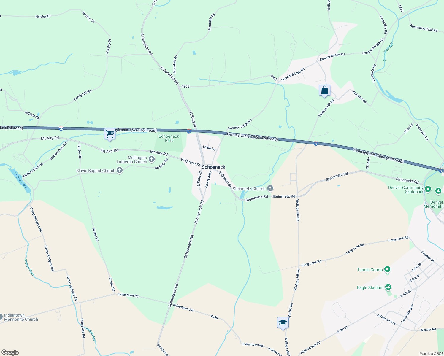 map of restaurants, bars, coffee shops, grocery stores, and more near 65 East Queen Street in Stevens
