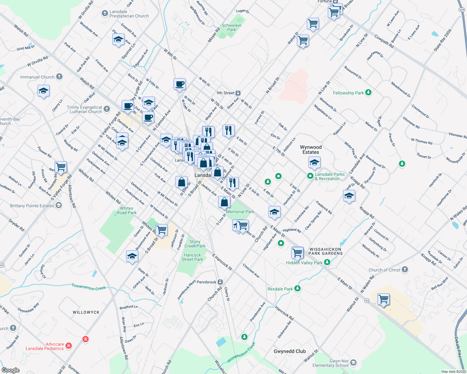 map of restaurants, bars, coffee shops, grocery stores, and more near 146 East 2nd Street in Lansdale