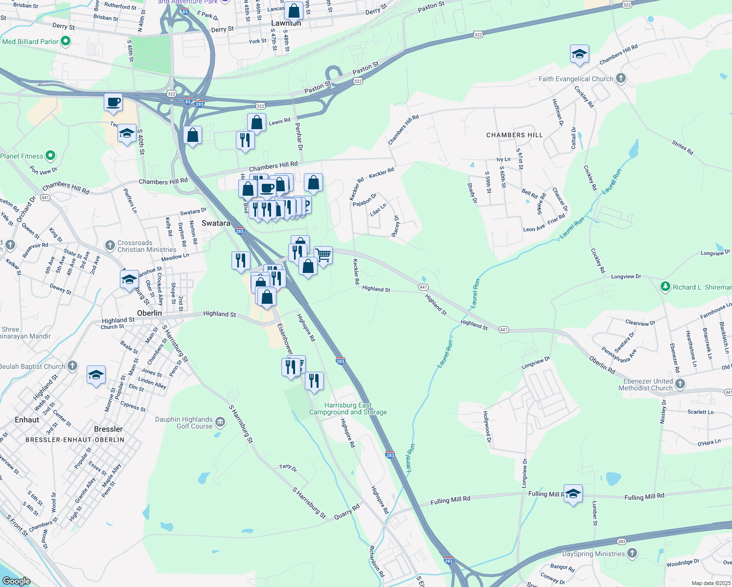 map of restaurants, bars, coffee shops, grocery stores, and more near 4921 Highland St in Harrisburg