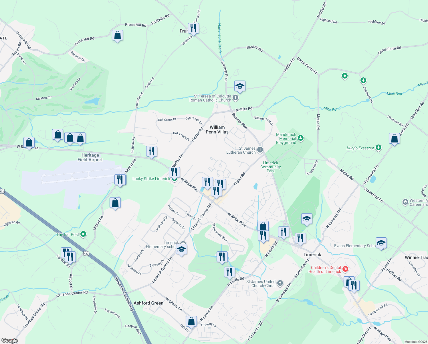 map of restaurants, bars, coffee shops, grocery stores, and more near 74 Forrest Court in Royersford