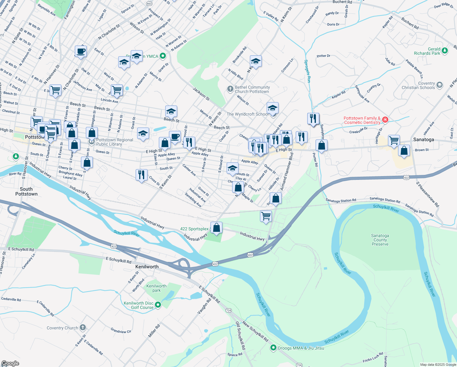 map of restaurants, bars, coffee shops, grocery stores, and more near 1240 Cherry Street in Pottstown