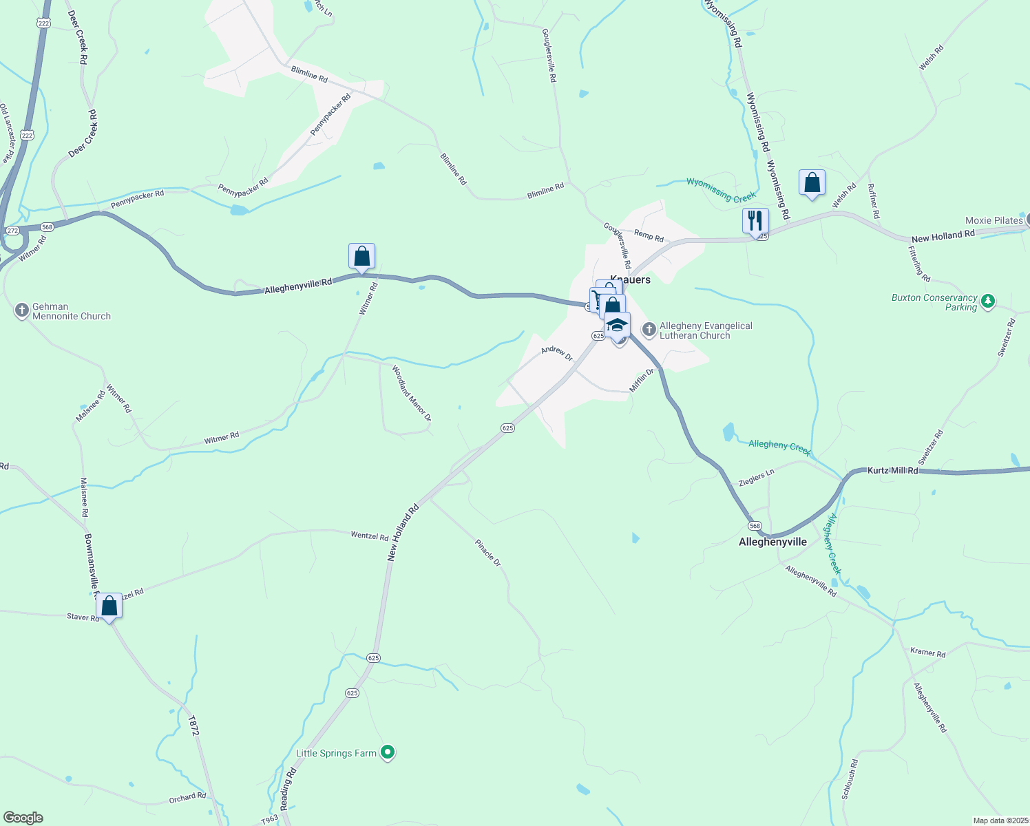 map of restaurants, bars, coffee shops, grocery stores, and more near 4527 New Holland Road in Mohnton