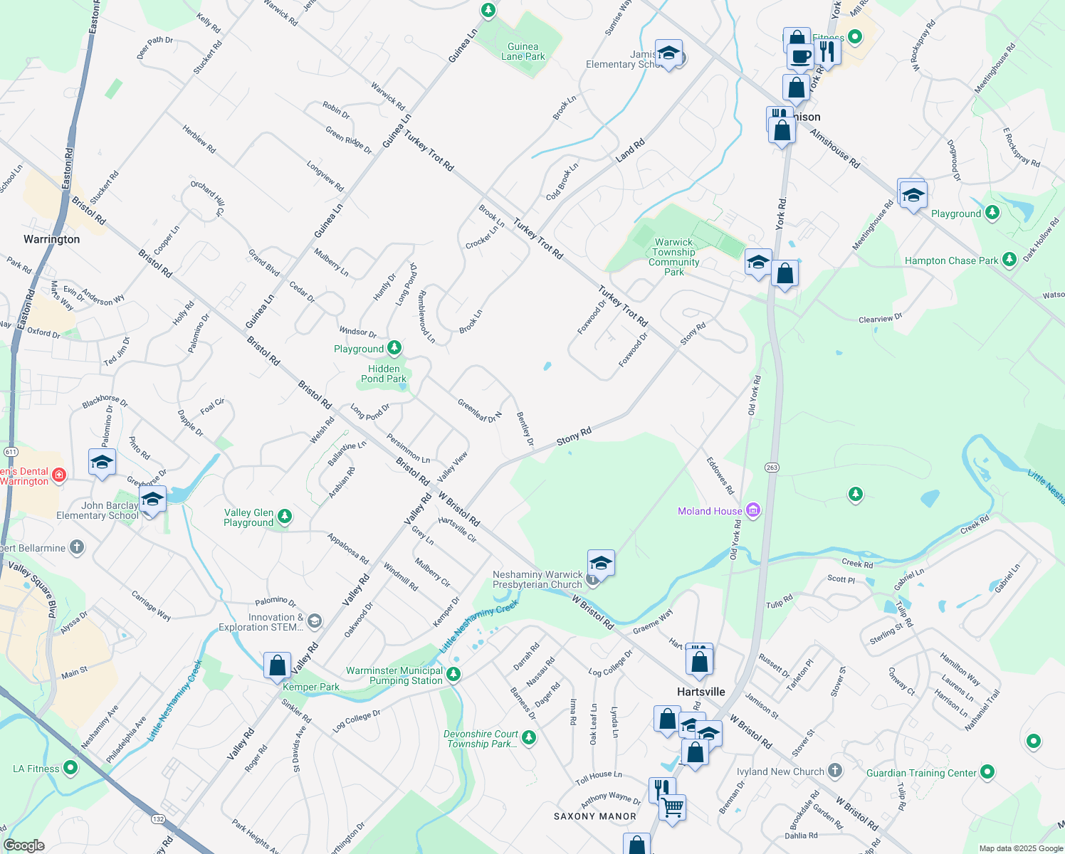 map of restaurants, bars, coffee shops, grocery stores, and more near 1407 Bentley Drive in Warrington