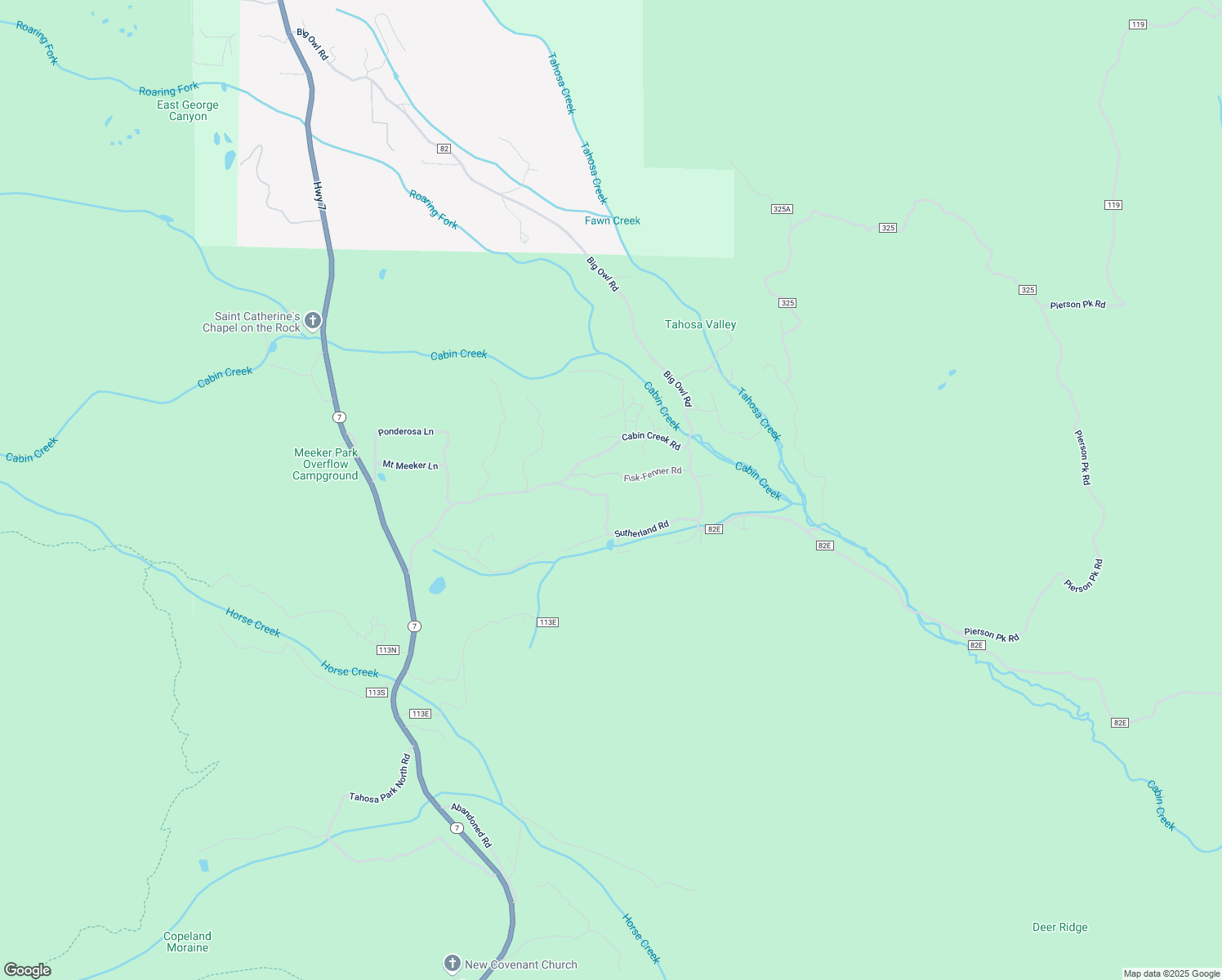 map of restaurants, bars, coffee shops, grocery stores, and more near 165 Sutherland Road in Allenspark