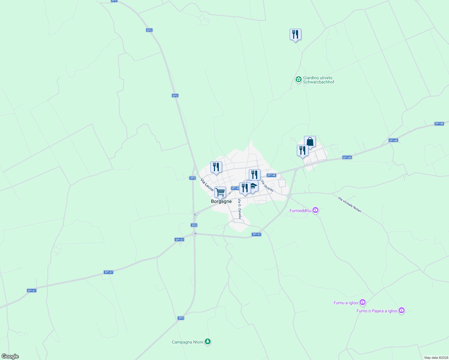map of restaurants, bars, coffee shops, grocery stores, and more near 14 Via Venezia in Borgagne