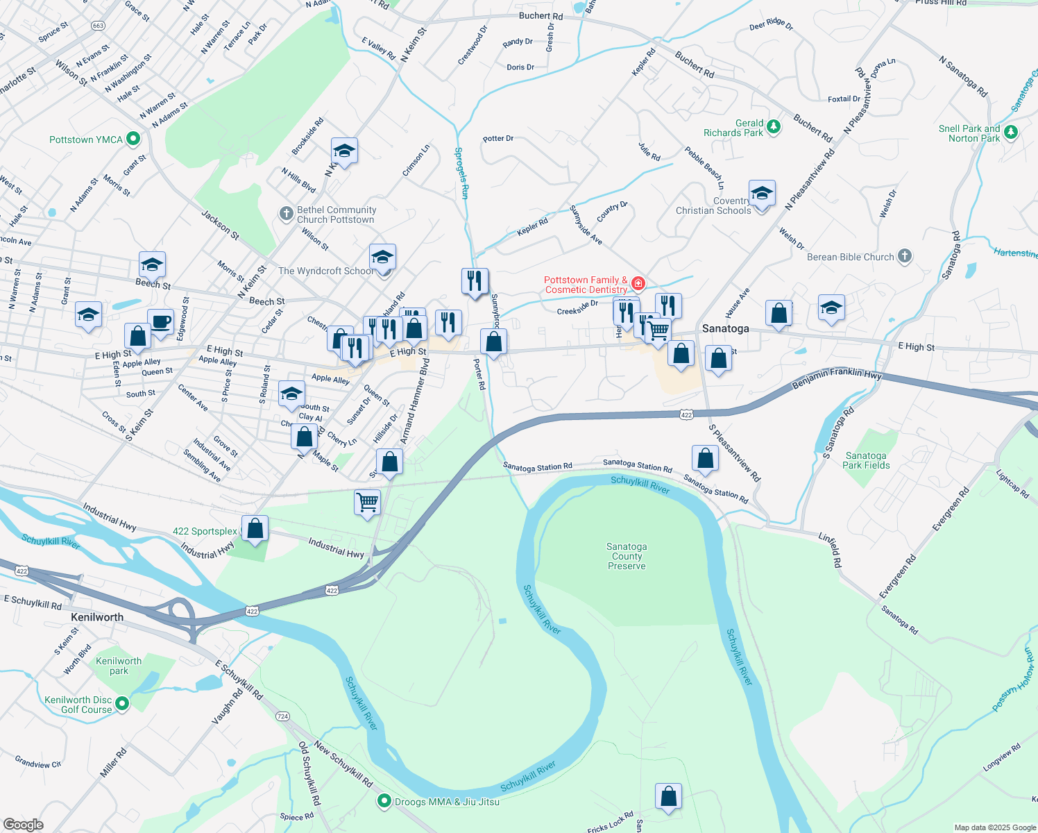 map of restaurants, bars, coffee shops, grocery stores, and more near 1618 Rosewood Court in Pottstown