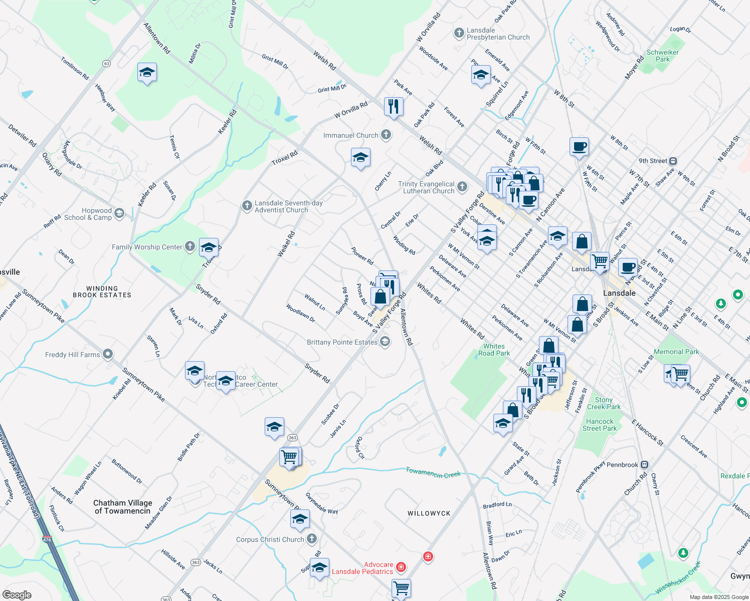 map of restaurants, bars, coffee shops, grocery stores, and more near 824 Swartley Road in Lansdale