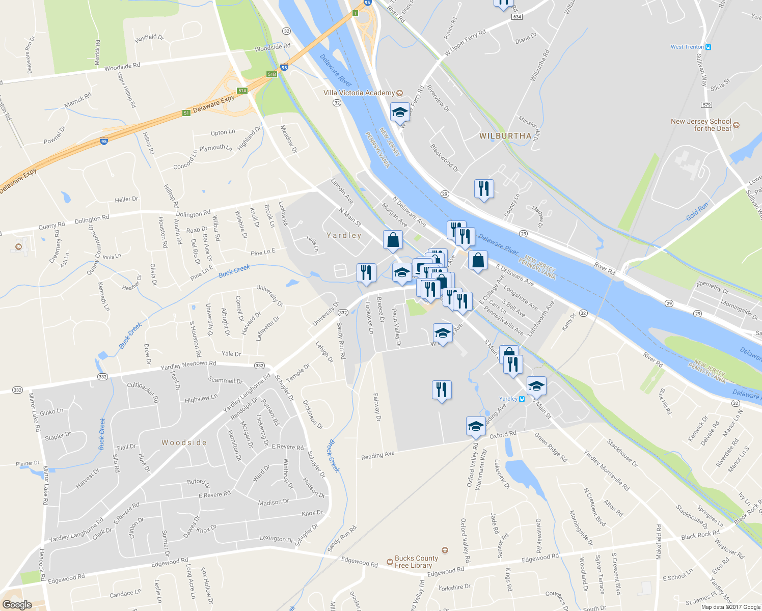 map of restaurants, bars, coffee shops, grocery stores, and more near 16 Breece Drive in Yardley