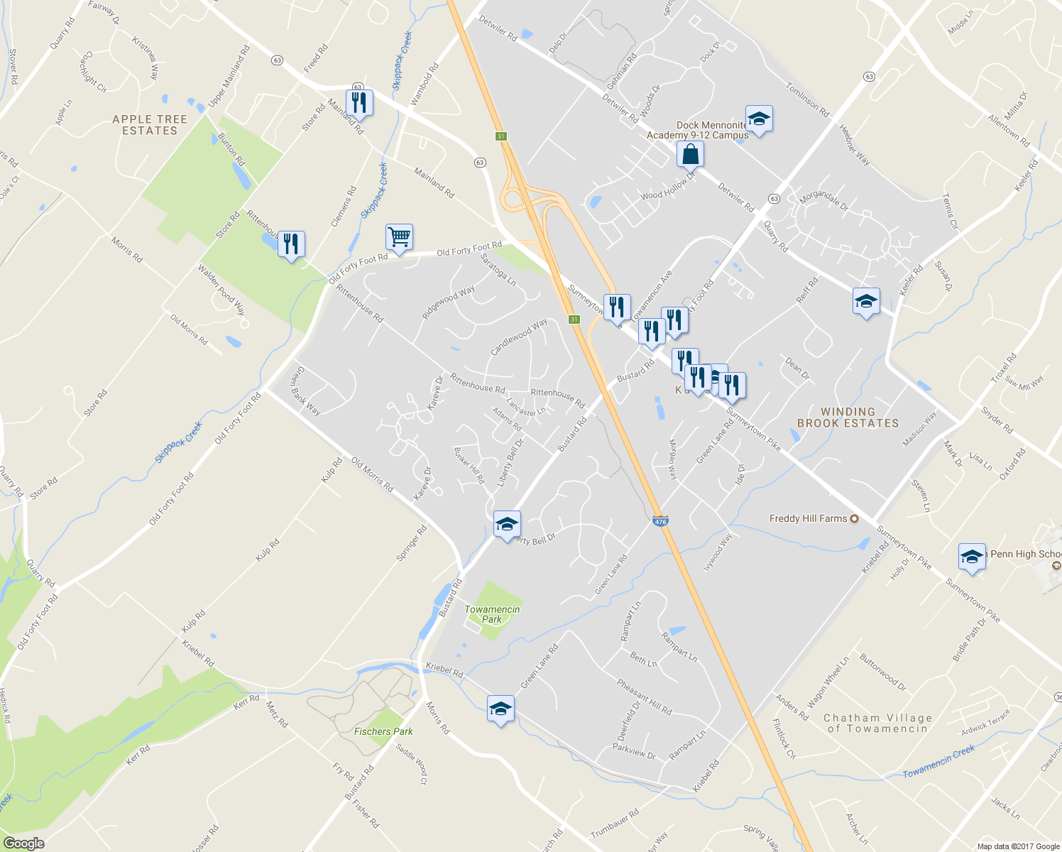 map of restaurants, bars, coffee shops, grocery stores, and more near 111 Richmond Court in Harleysville