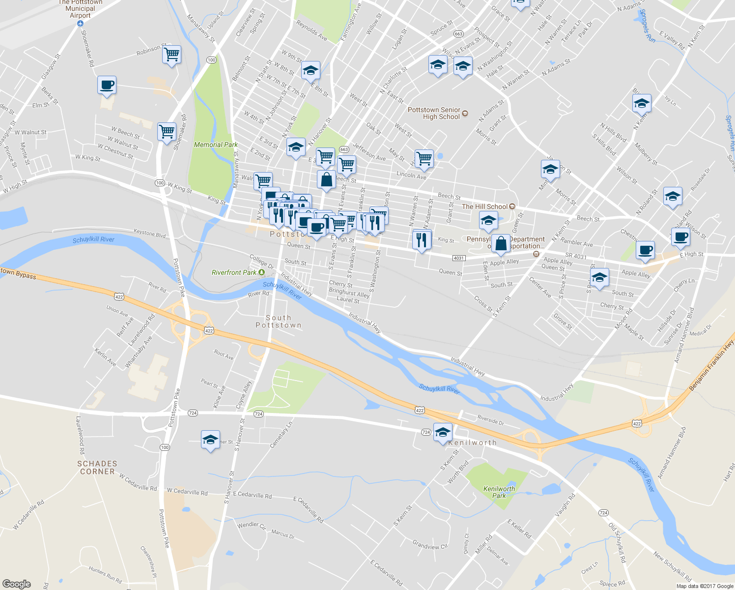 map of restaurants, bars, coffee shops, grocery stores, and more near 167 South Washington Street in Pottstown