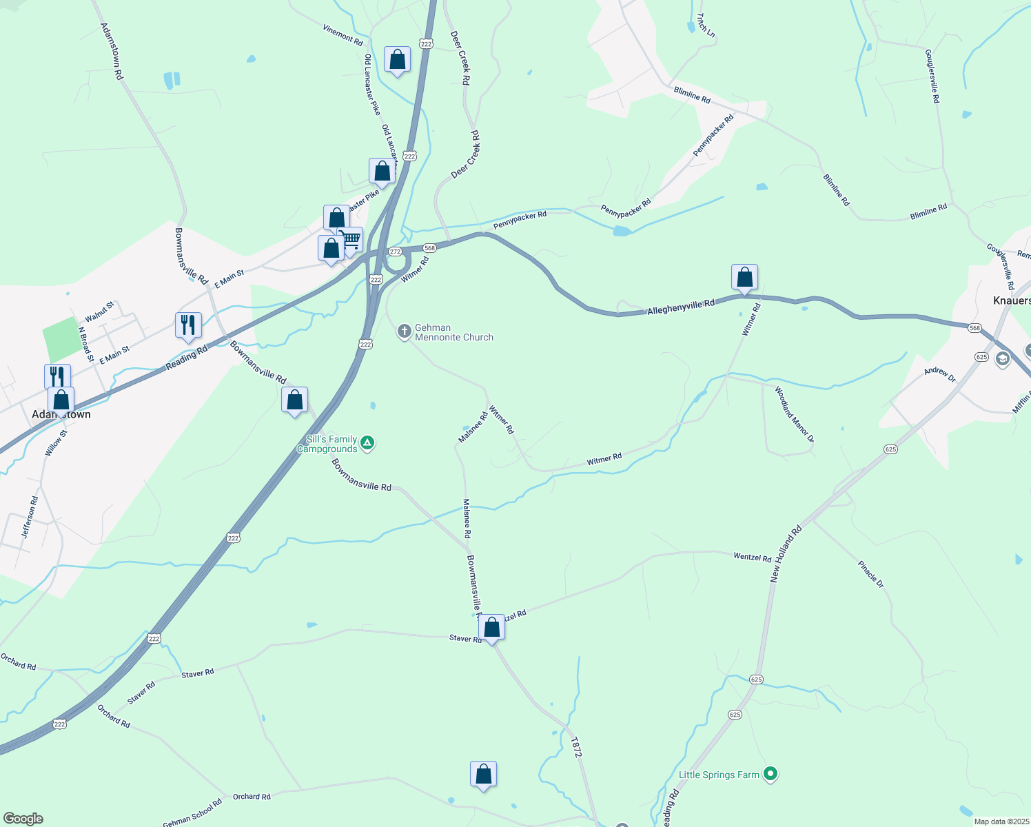 map of restaurants, bars, coffee shops, grocery stores, and more near 218 Witmer Rd in Reinholds
