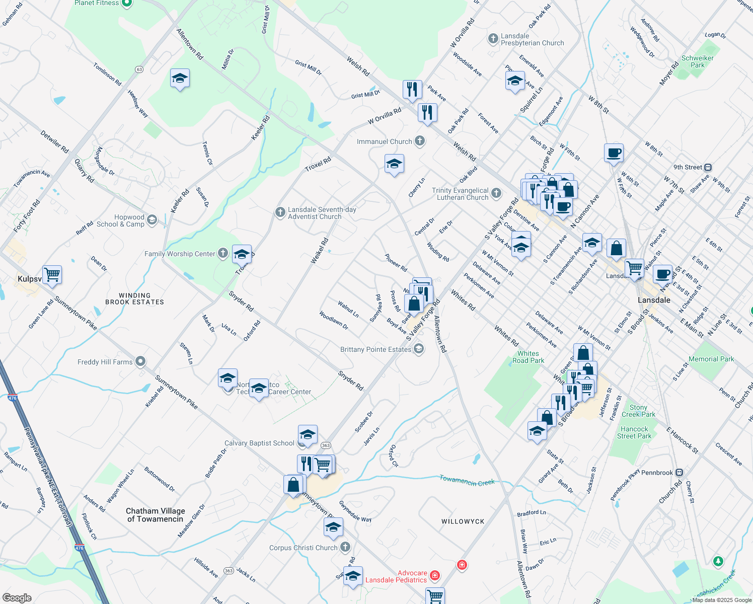 map of restaurants, bars, coffee shops, grocery stores, and more near 848 Sunnylea Road in Lansdale