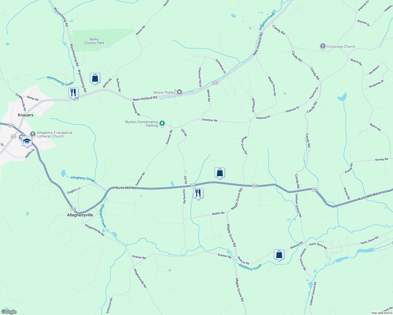 map of restaurants, bars, coffee shops, grocery stores, and more near 55 Gill Road in Mohnton