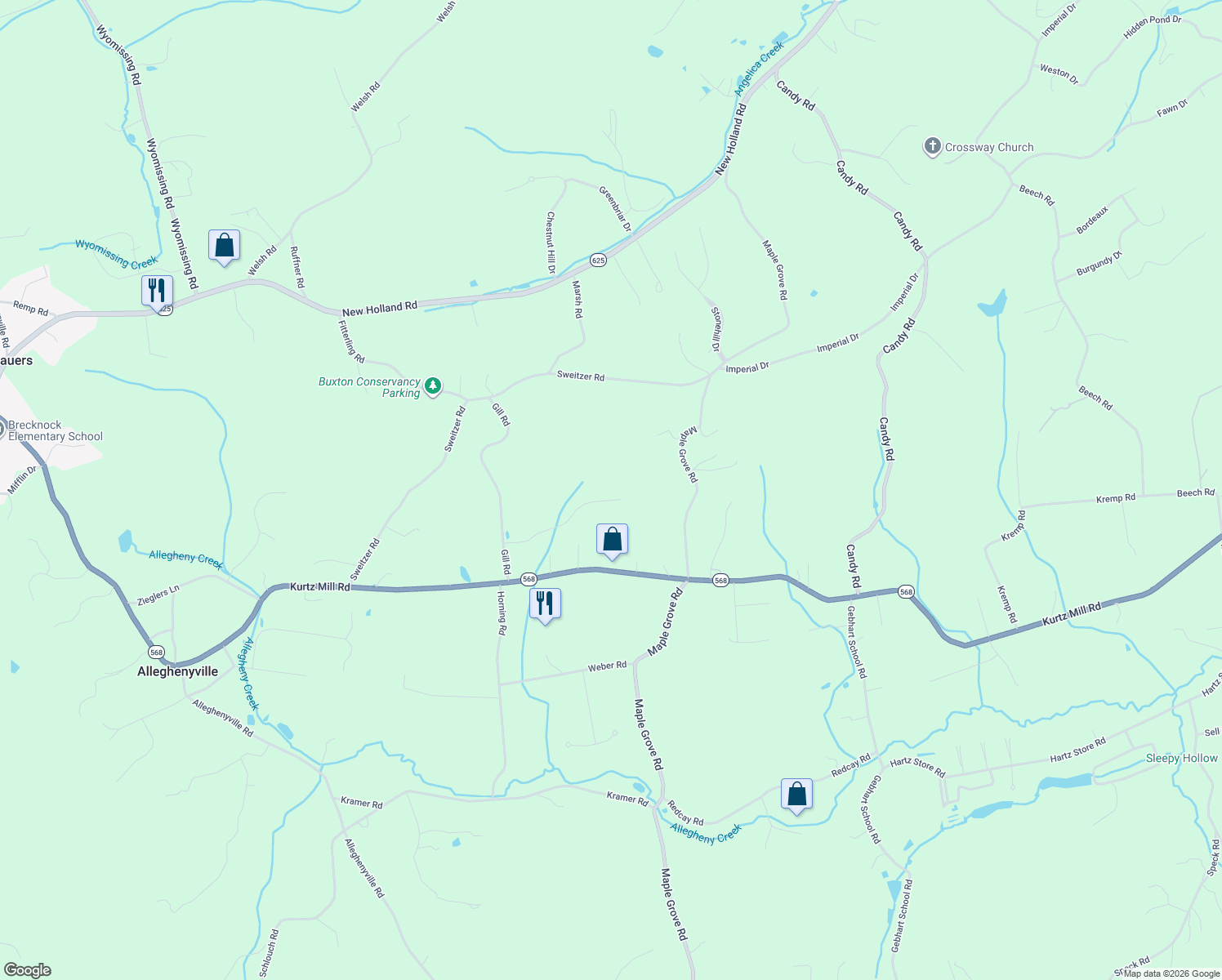 map of restaurants, bars, coffee shops, grocery stores, and more near 5074 Valley View Rd in Mohnton