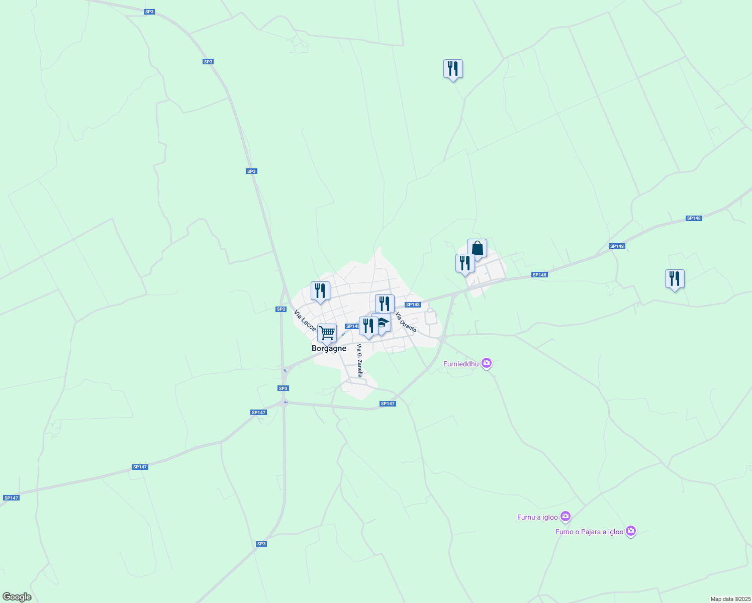map of restaurants, bars, coffee shops, grocery stores, and more near 13 Via Guglielmo Marconi in Borgagne