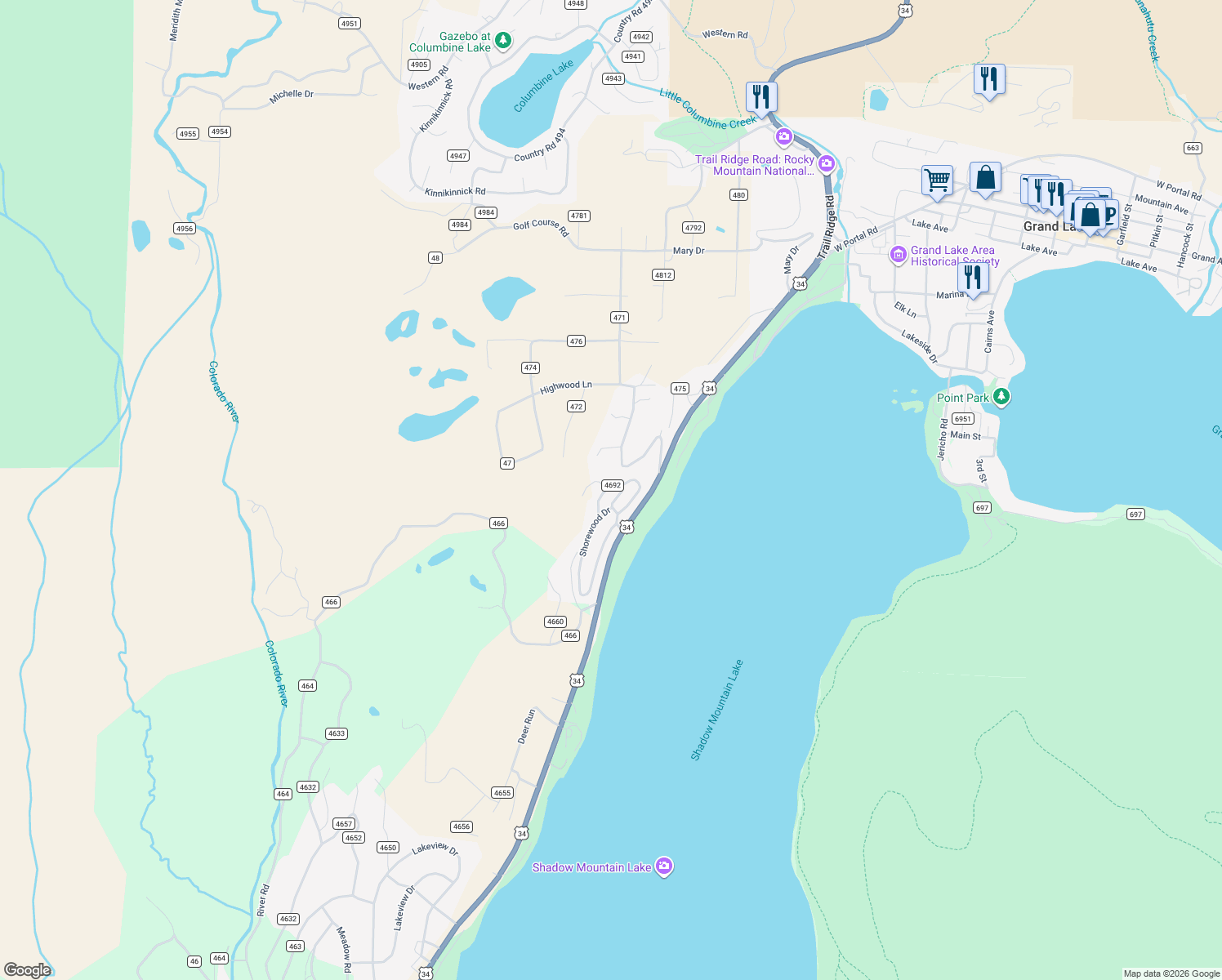 map of restaurants, bars, coffee shops, grocery stores, and more near 137-285 County Road 469 in Grand Lake
