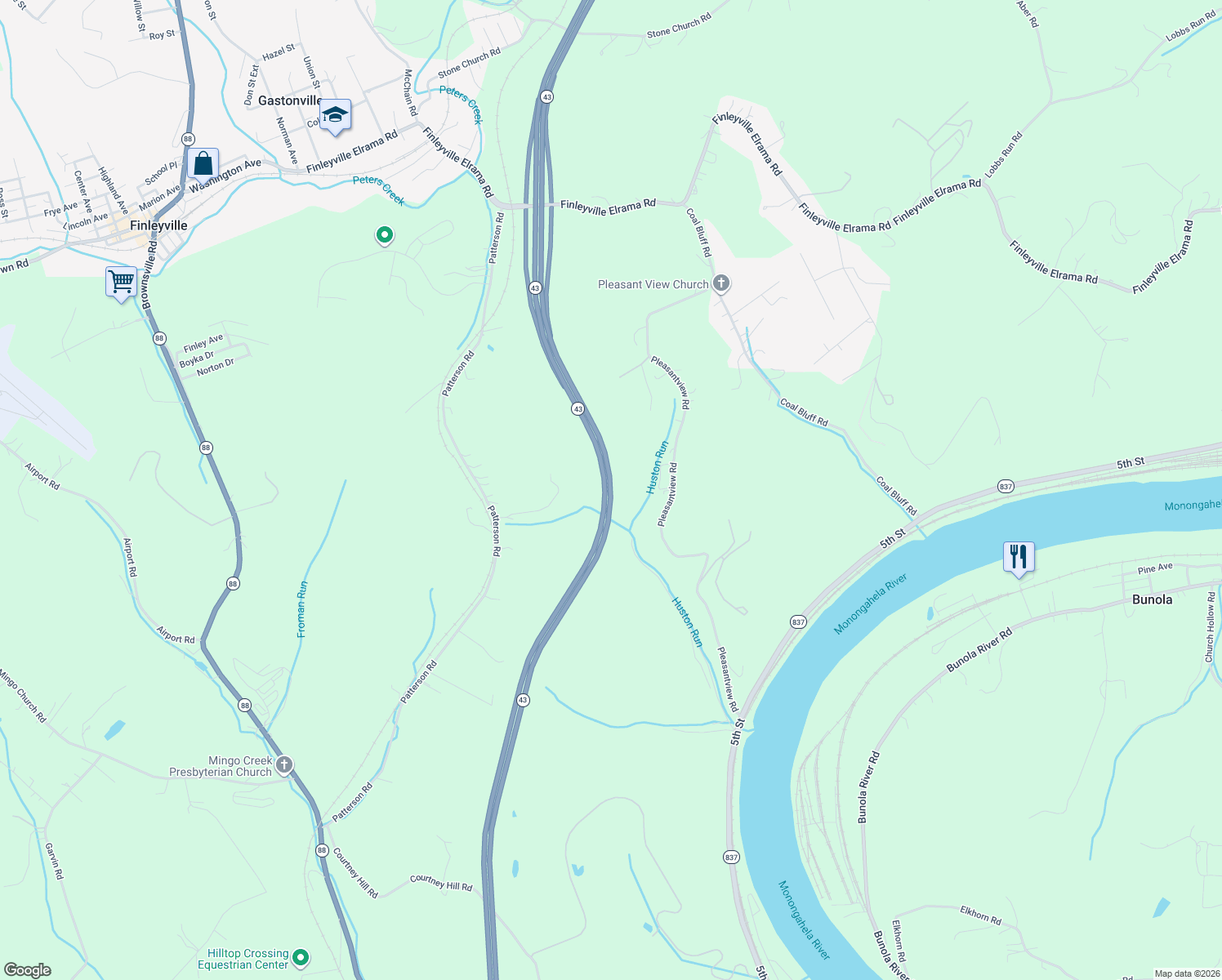 map of restaurants, bars, coffee shops, grocery stores, and more near Mon-Fayette Expressway in Finleyville
