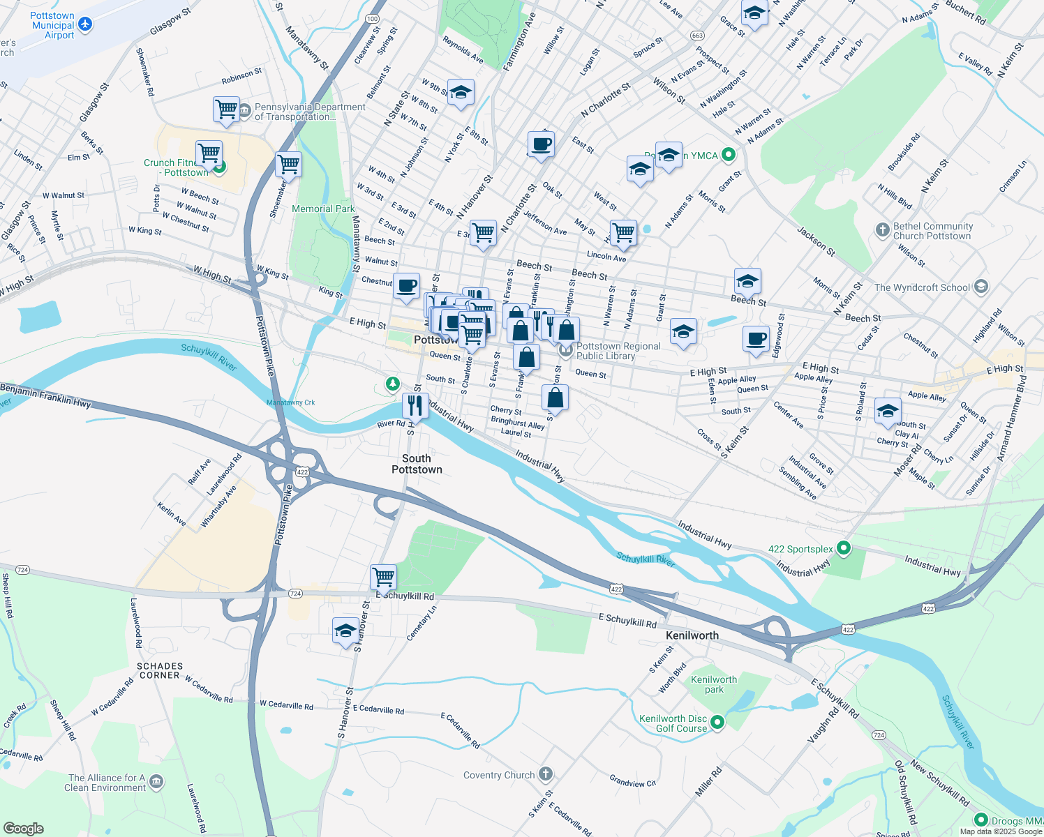 map of restaurants, bars, coffee shops, grocery stores, and more near 410 Cherry Street in Pottstown