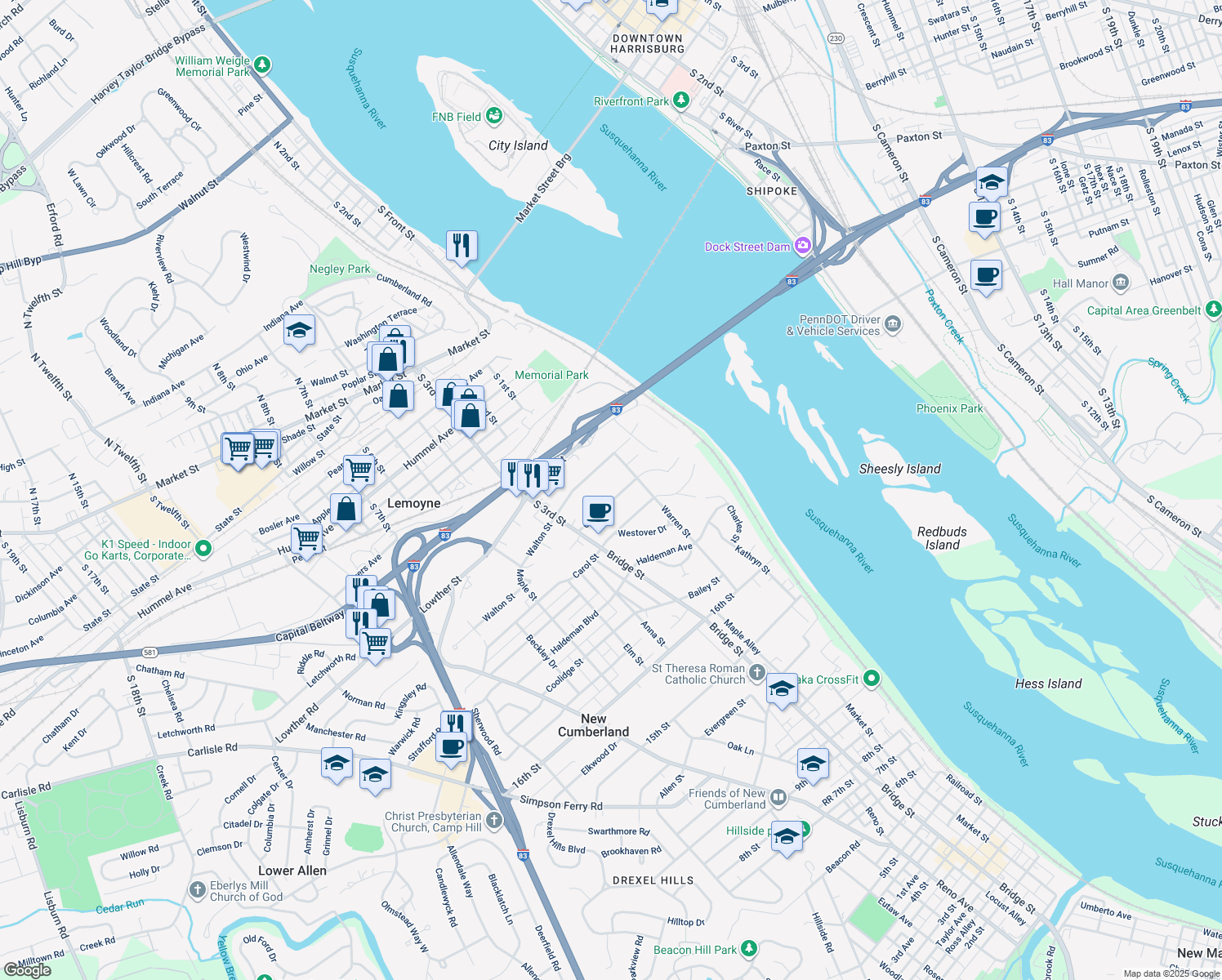 map of restaurants, bars, coffee shops, grocery stores, and more near 245 Clark St in Lemoyne
