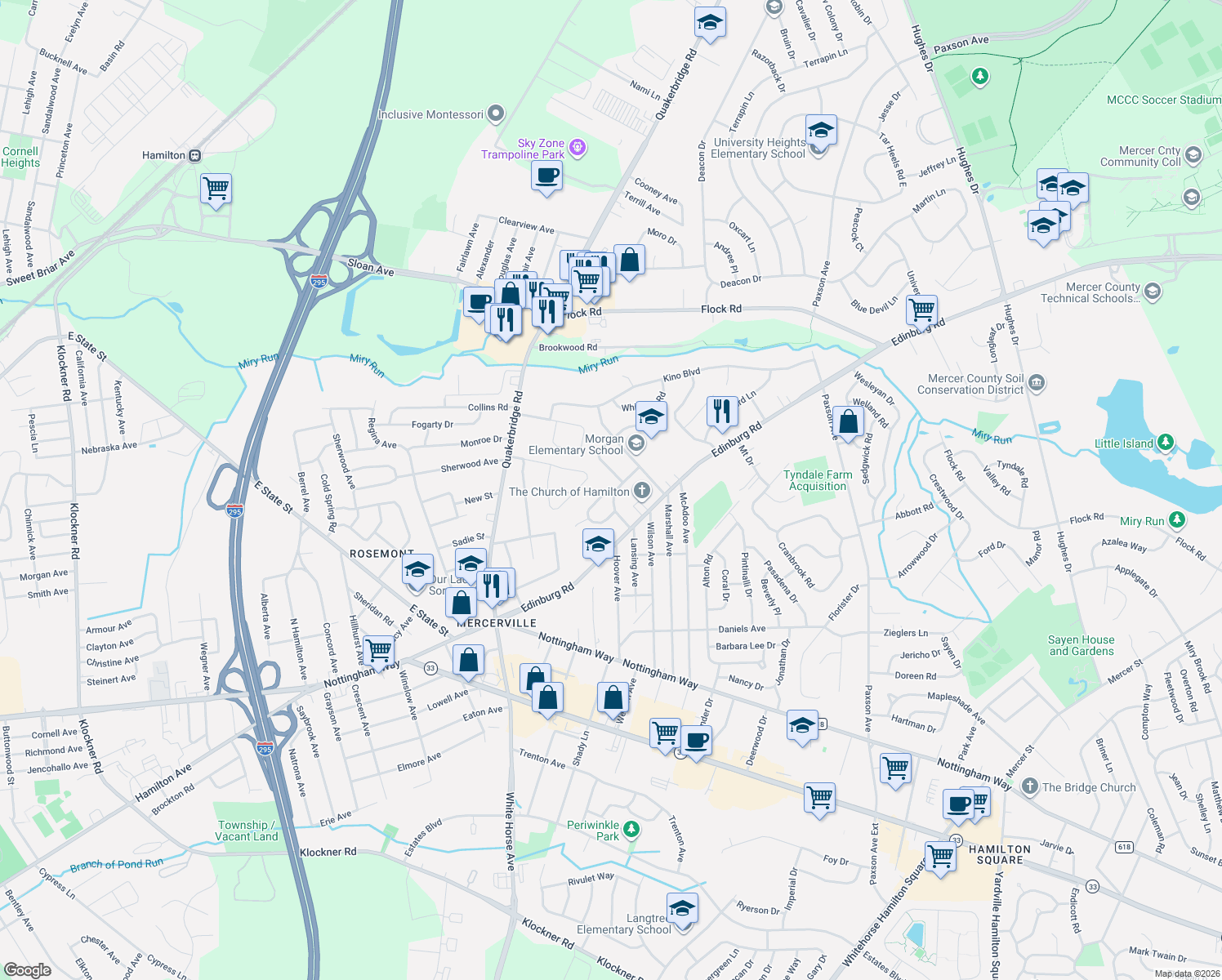 map of restaurants, bars, coffee shops, grocery stores, and more near 11 Delotto Drive in Hamilton Township