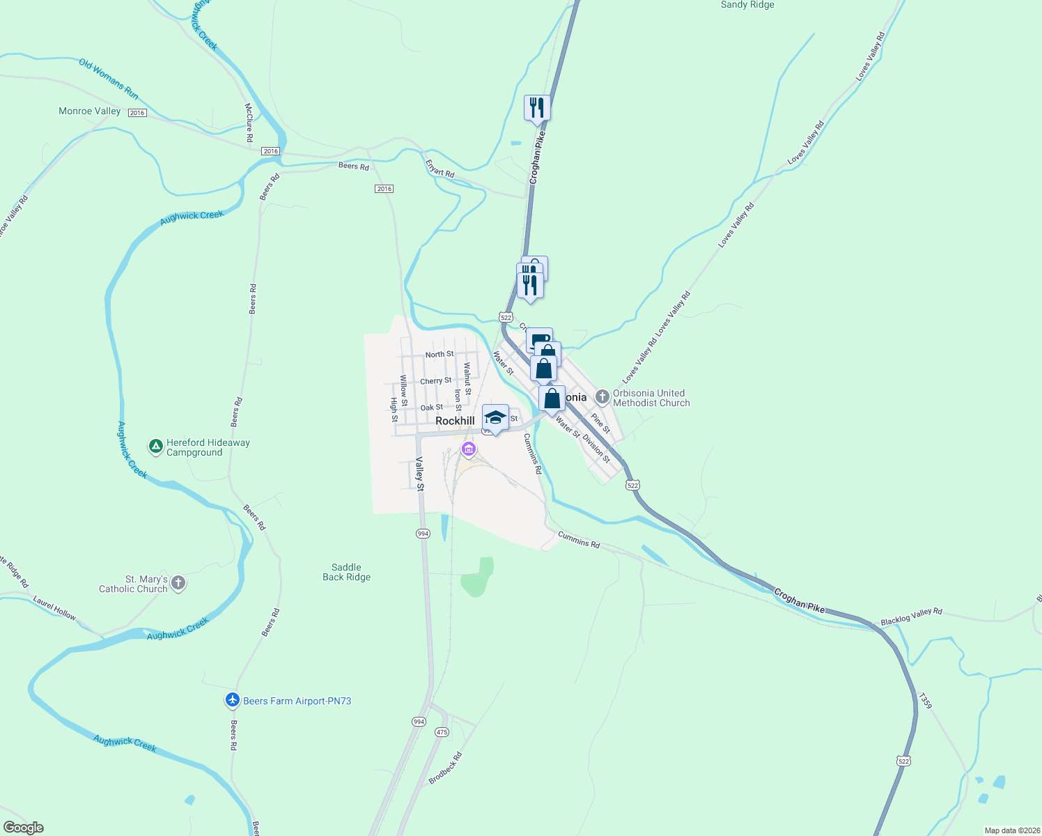 map of restaurants, bars, coffee shops, grocery stores, and more near Elm Street in Rockhill