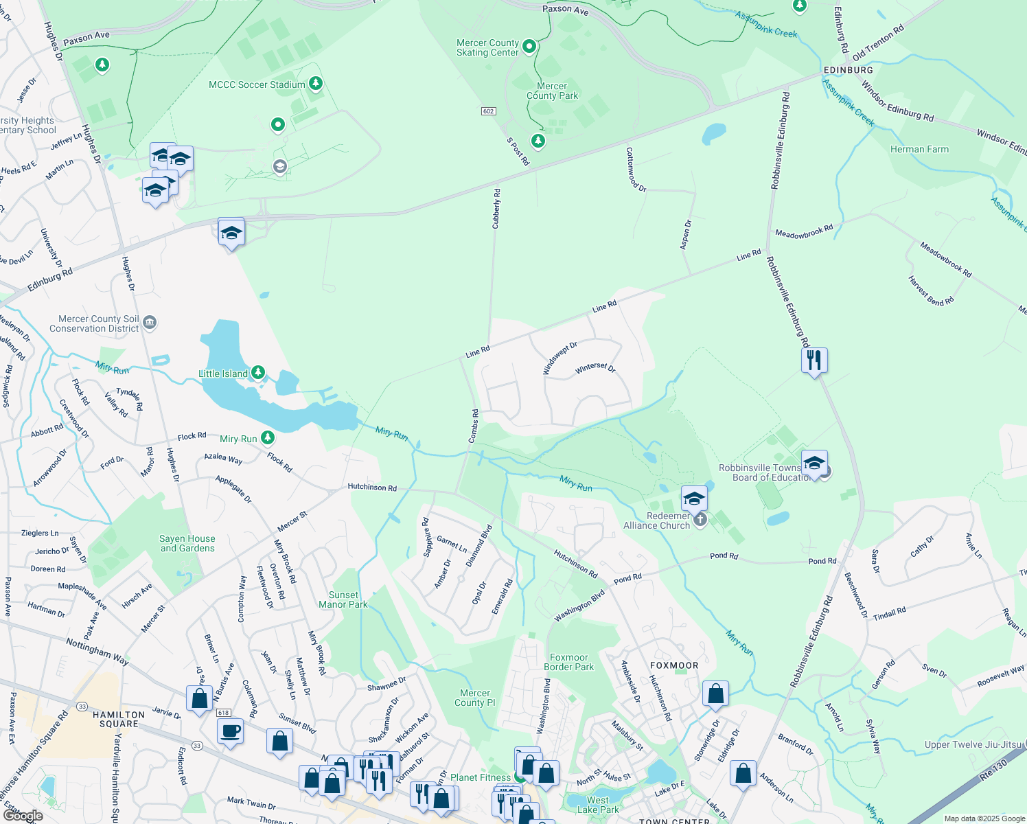 map of restaurants, bars, coffee shops, grocery stores, and more near 1 Blyman Court in Trenton