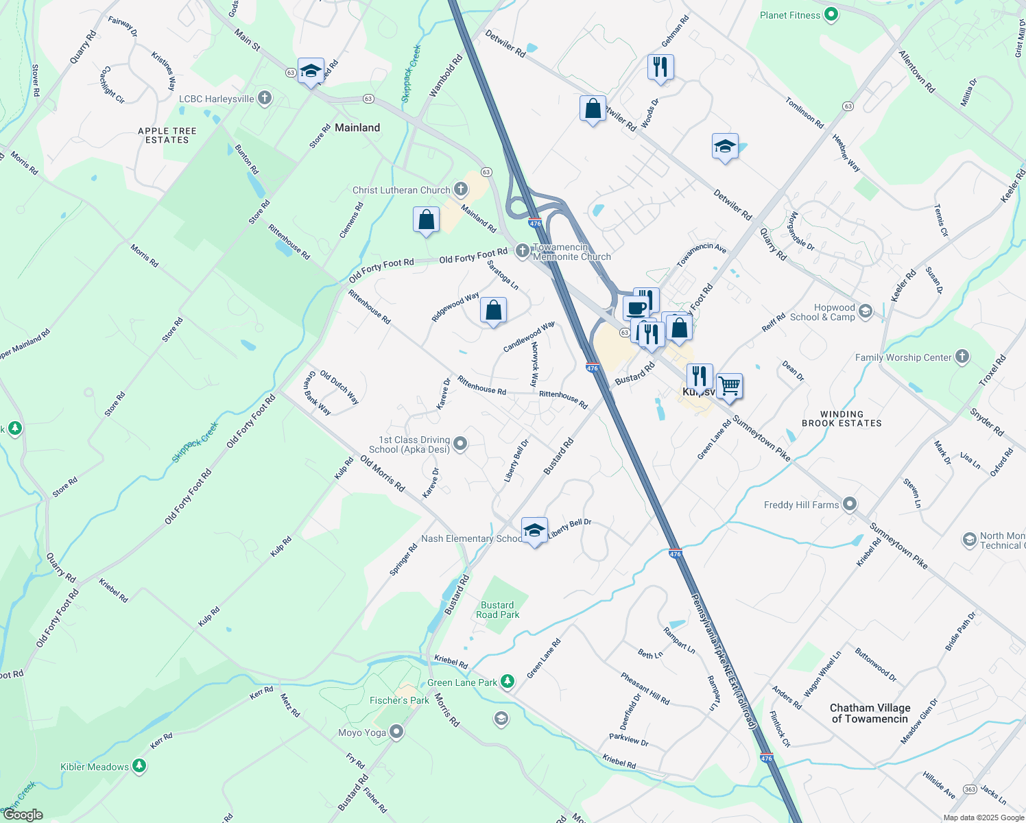 map of restaurants, bars, coffee shops, grocery stores, and more near 111 Durham Court in Harleysville