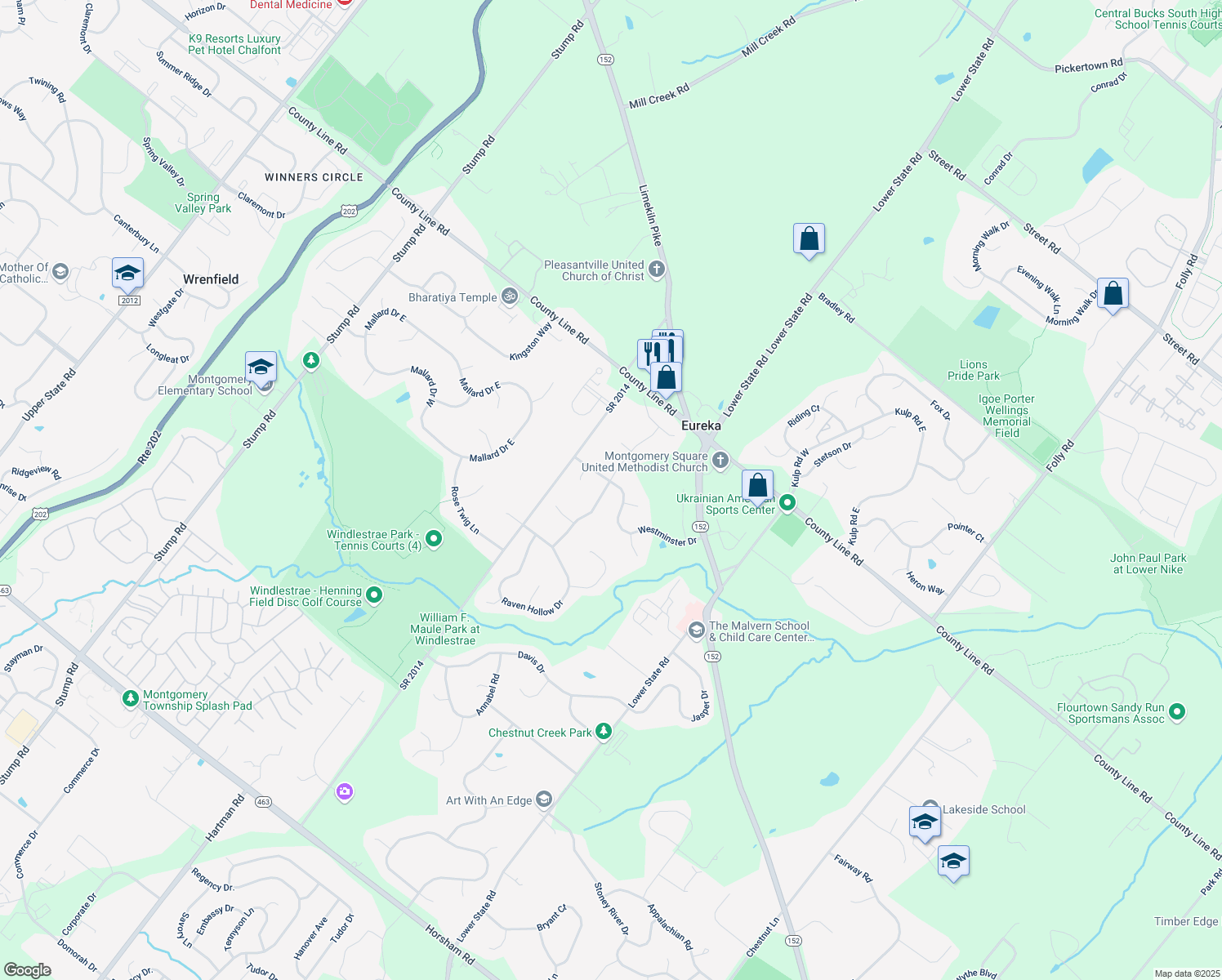 map of restaurants, bars, coffee shops, grocery stores, and more near 204 North Buckingham Lane in North Wales