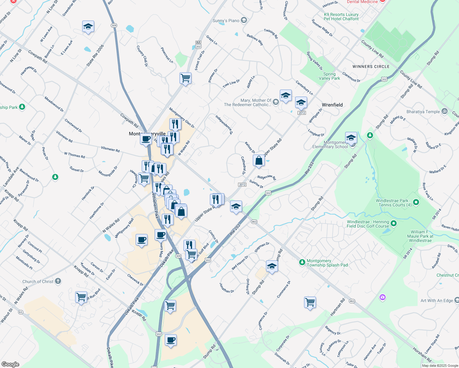 map of restaurants, bars, coffee shops, grocery stores, and more near 102 Duchess Pl in North Wales