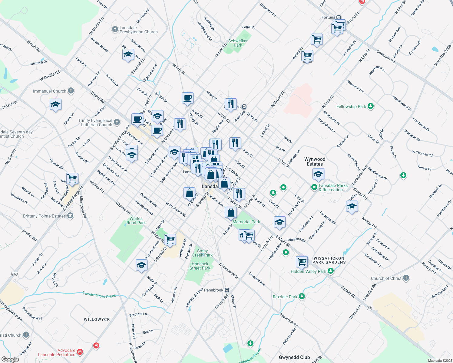 map of restaurants, bars, coffee shops, grocery stores, and more near 26 East 3rd Street in Lansdale