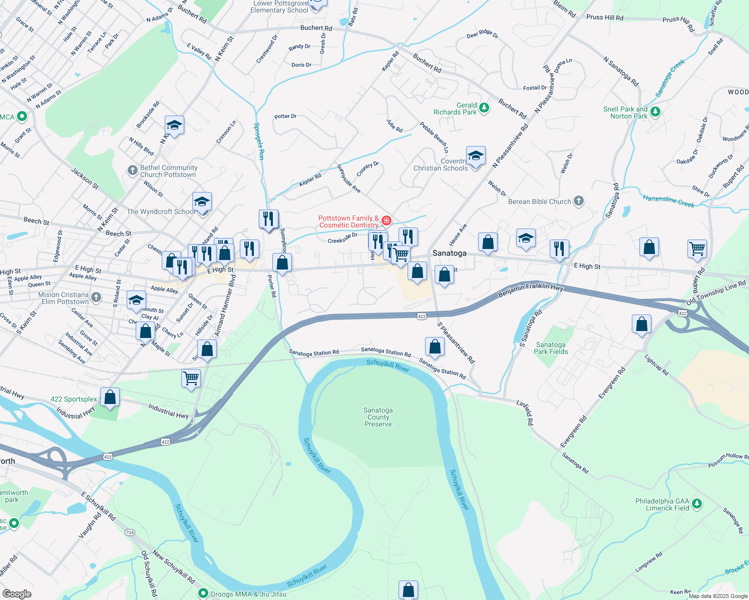 map of restaurants, bars, coffee shops, grocery stores, and more near 1058 Maple Glen Circle in Pottstown