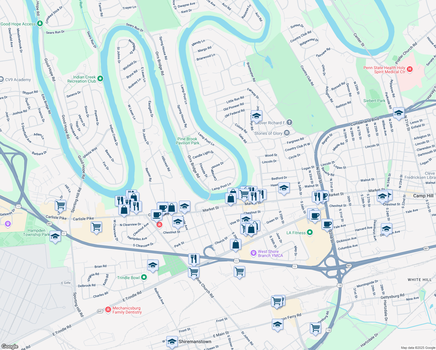 map of restaurants, bars, coffee shops, grocery stores, and more near 3814 Conestoga Rd in Camp Hill