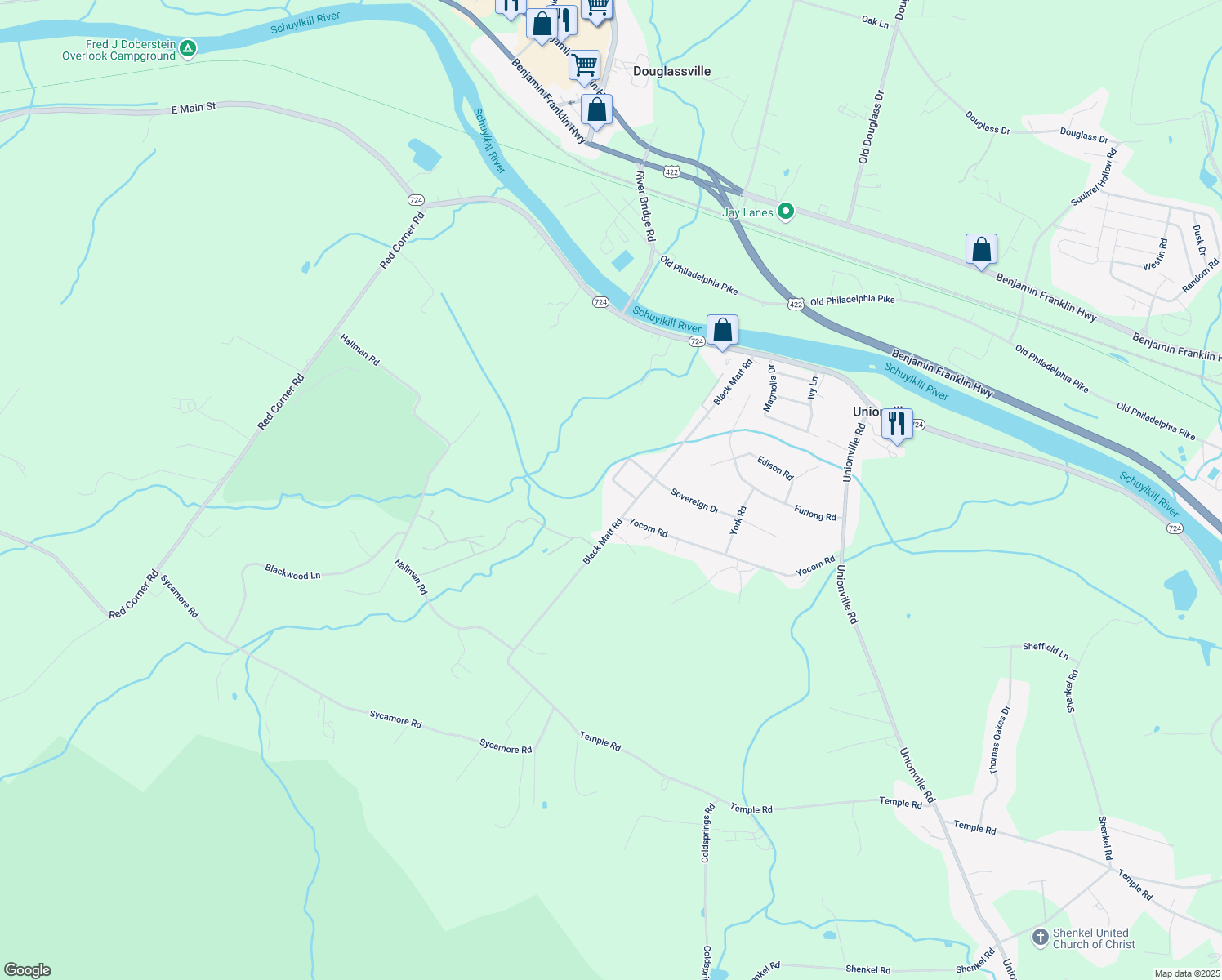 map of restaurants, bars, coffee shops, grocery stores, and more near 18 King Street in Douglassville